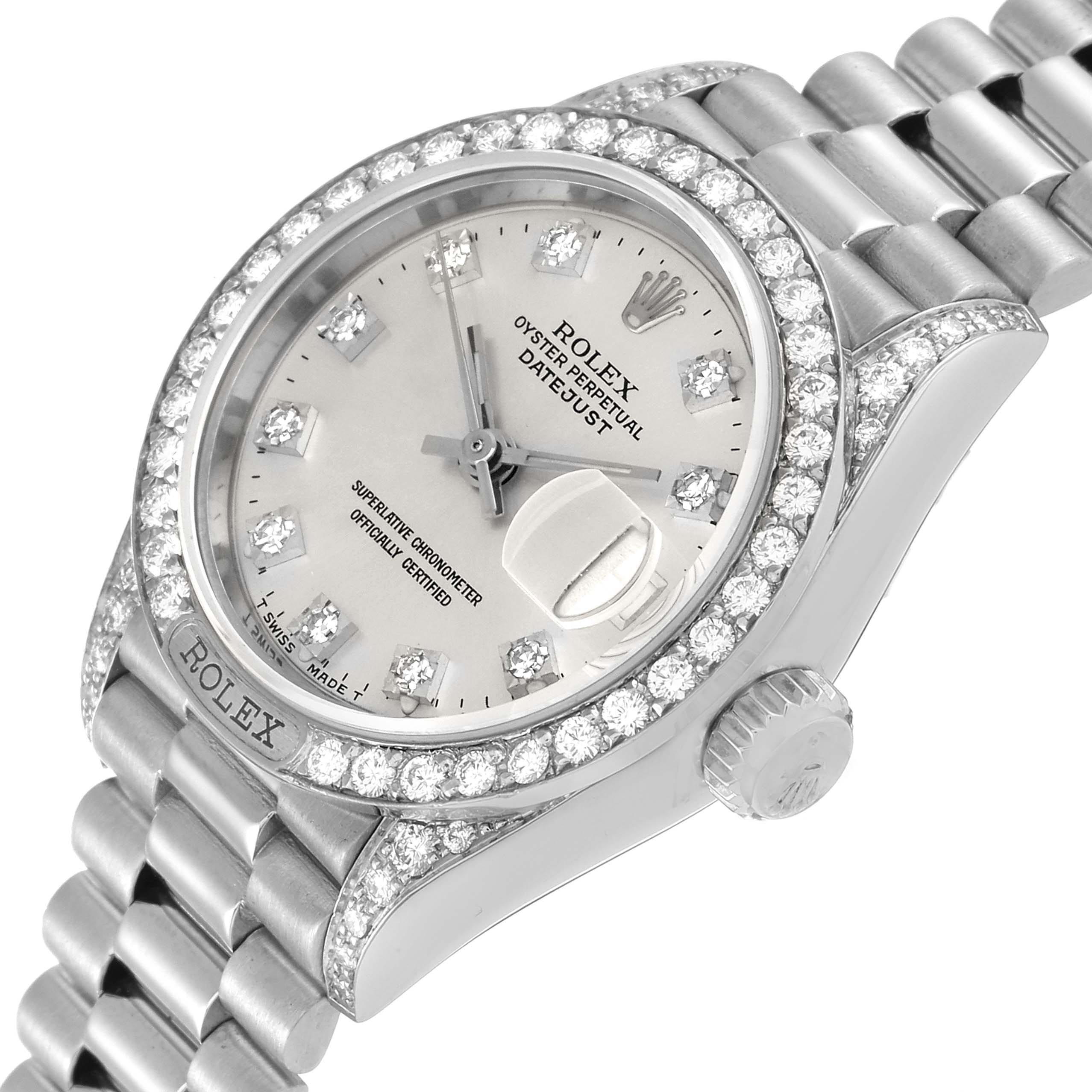 The image shows a close-up angle of the Rolex President 69159 Women's White Gold Silver Dial 69159 Women's White Gold Silver Dial model, highlighting its diamond-encrusted bezel, dial, and bracelet.