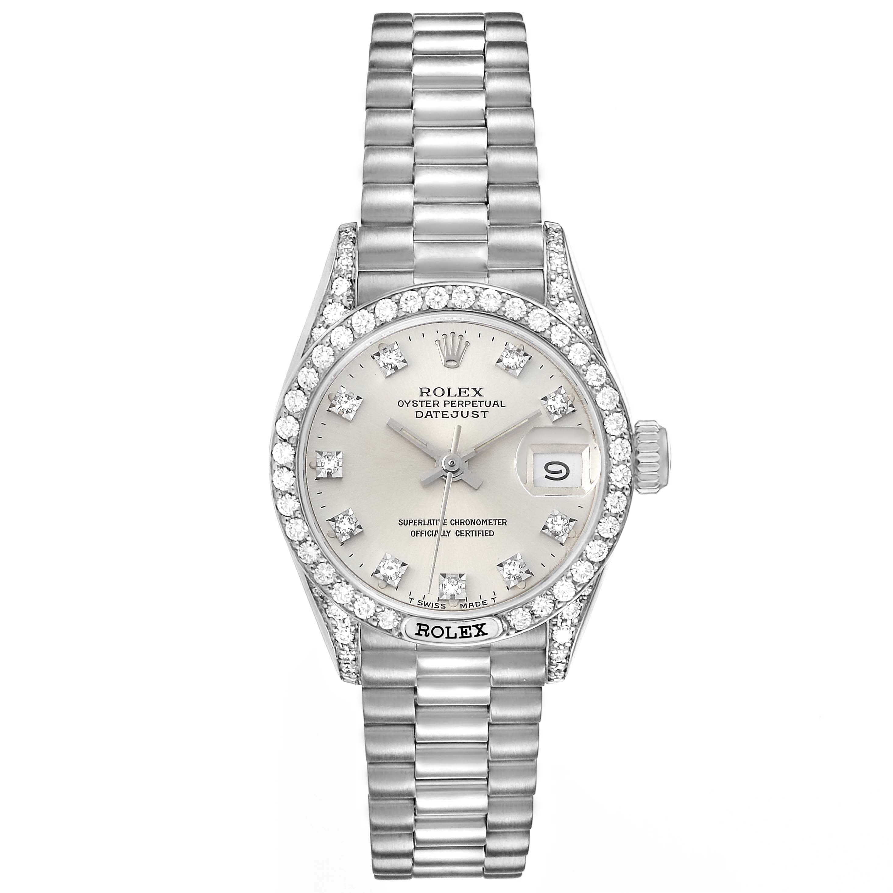 The image shows the full front view of the Rolex President 69159 Women's White Gold Silver Dial 69159 Women's White Gold Silver Dial model watch, displaying the dial, bezel, and bracelet.