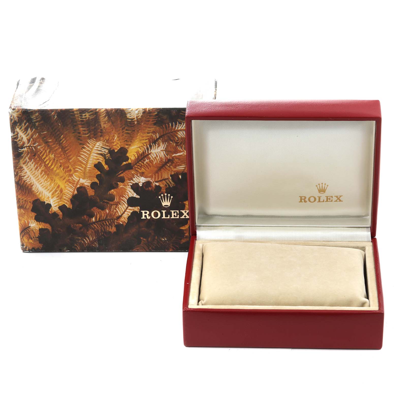 This image shows the open box for a Rolex President 69159 Women's White Gold Silver Dial 69159 Women's White Gold Silver Dial model watch, with the external box displayed beside it.