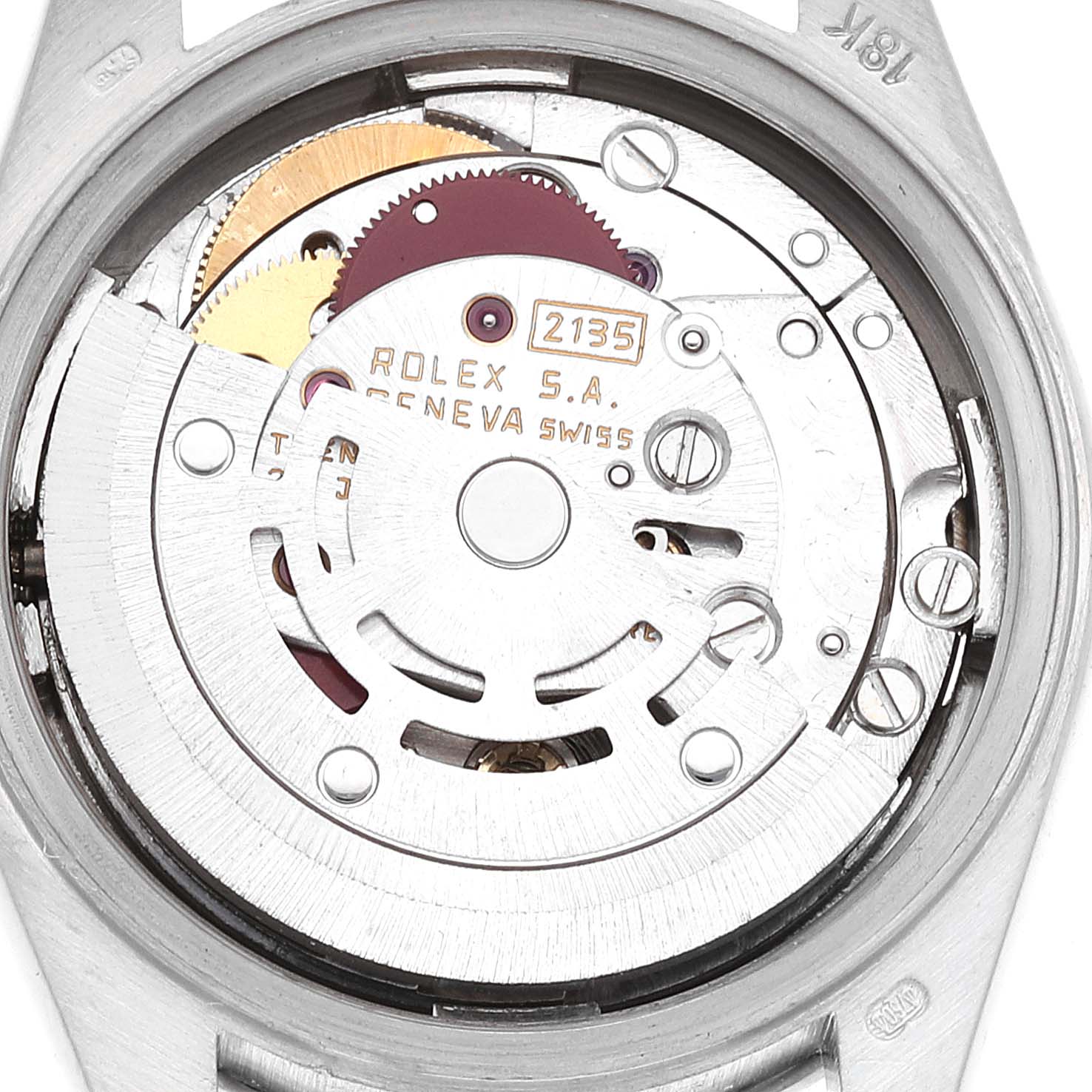 This image shows the internal mechanism of a Rolex President 69159 Women's White Gold Silver Dial 69159 Women's White Gold Silver Dial model watch viewed from the back.