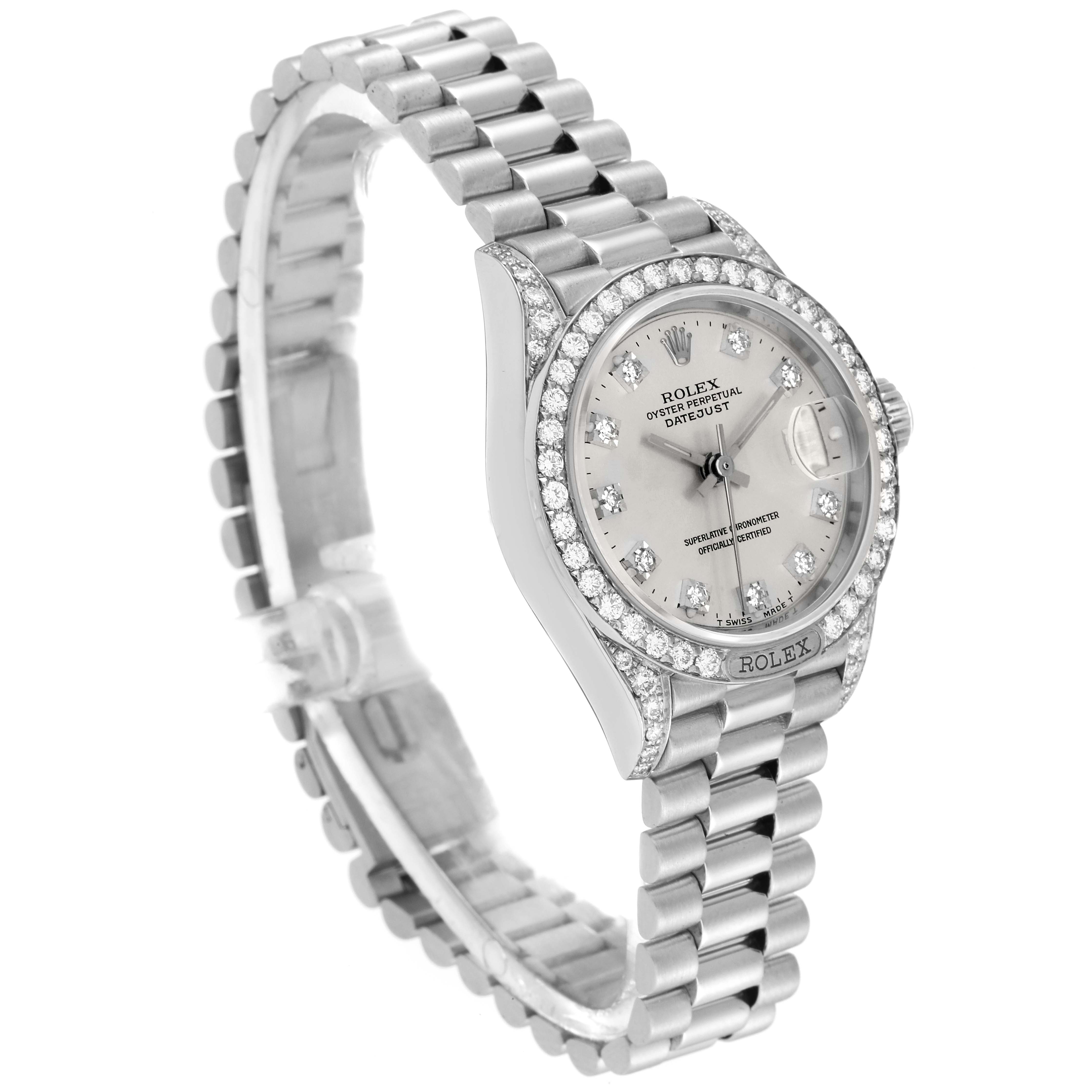 The Rolex President 69159 Women's White Gold Silver Dial 69159 Women's White Gold Silver Dial model watch is shown at a slight side angle, displaying the diamond bezel and bracelet.