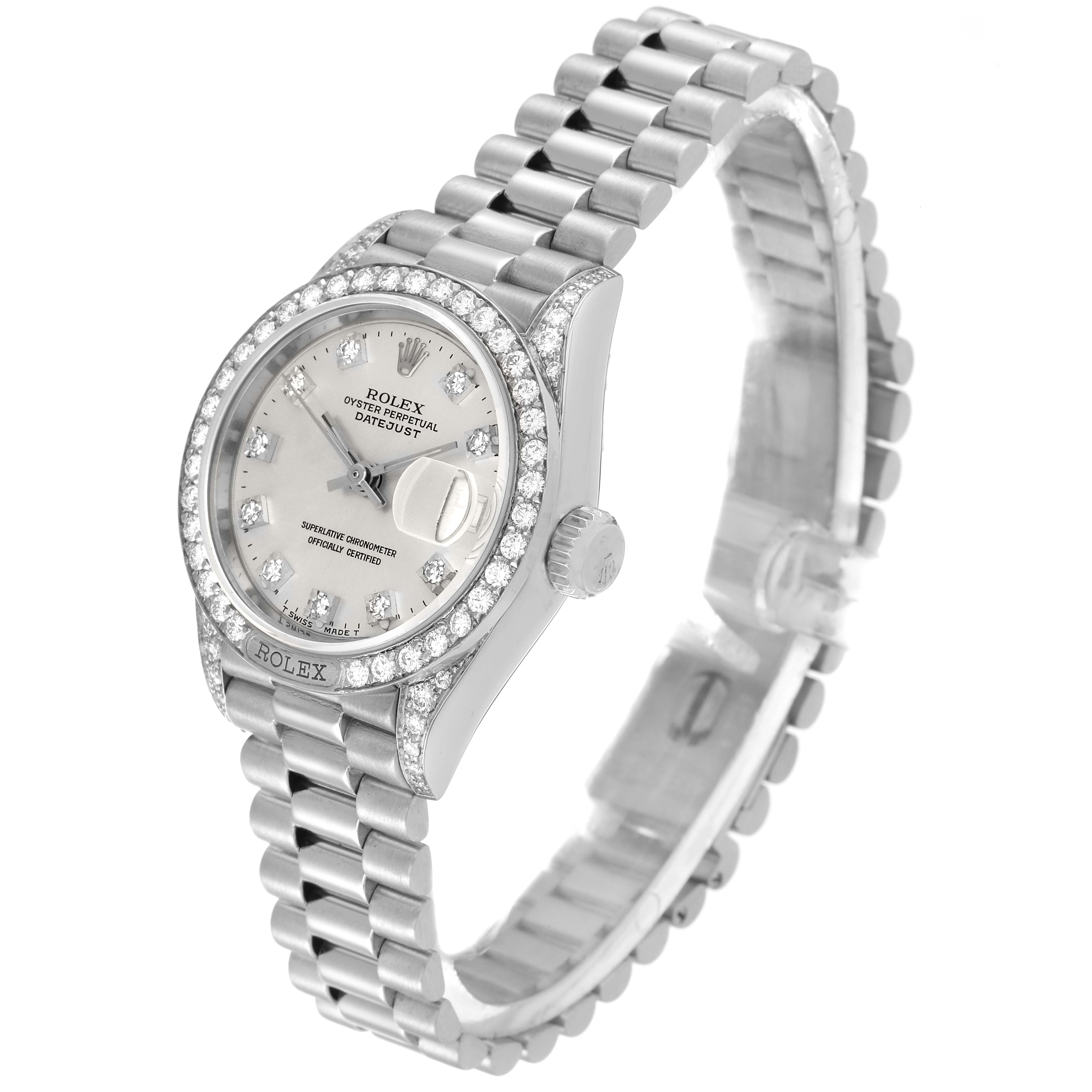The image shows a Rolex President 69159 Women's White Gold Silver Dial 69159 Women's White Gold Silver Dial model watch at a three-quarter angle, highlighting its face, bracelet, and bezel.