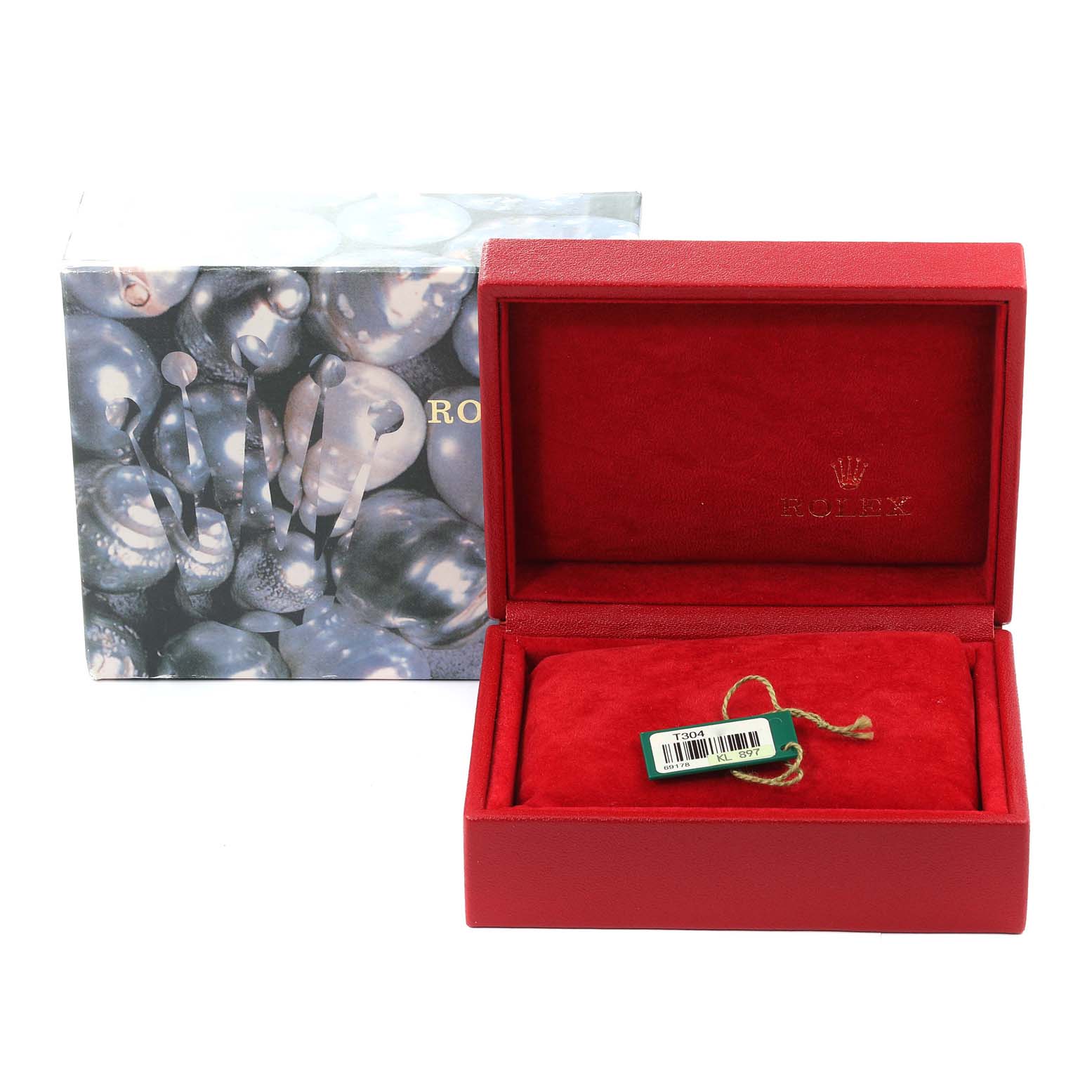 This image shows a red Rolex President 69178 Women
s Yellow Gold Champagne Dial 69178 Women
s Yellow Gold Champagne Dial model watch box and paper tag from a top-front angle.