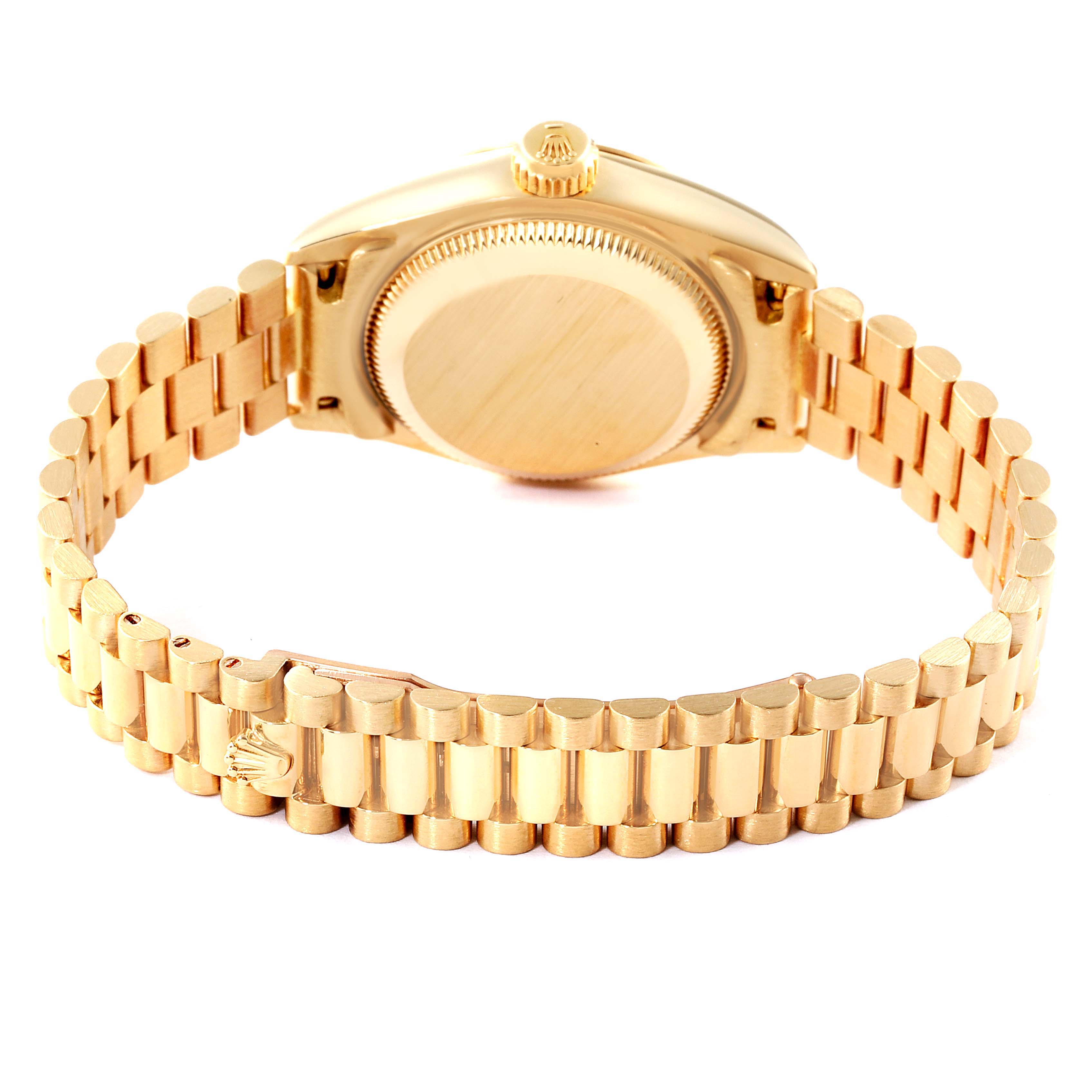 The image shows the backside and bracelet of a Rolex President 69178 Women
s Yellow Gold Champagne Dial 69178 Women
s Yellow Gold Champagne Dial model watch, highlighting its gold finish and iconic links.