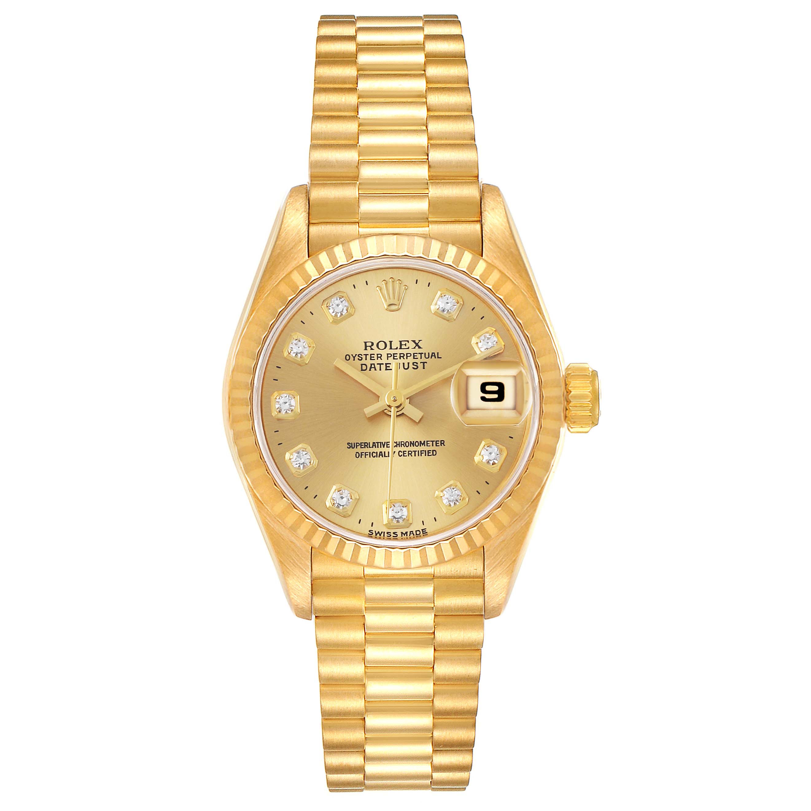 The image shows a head-on view of a Rolex President 69178 Women
s Yellow Gold Champagne Dial 69178 Women
s Yellow Gold Champagne Dial model watch with its face, bezel, and bracelet visible.