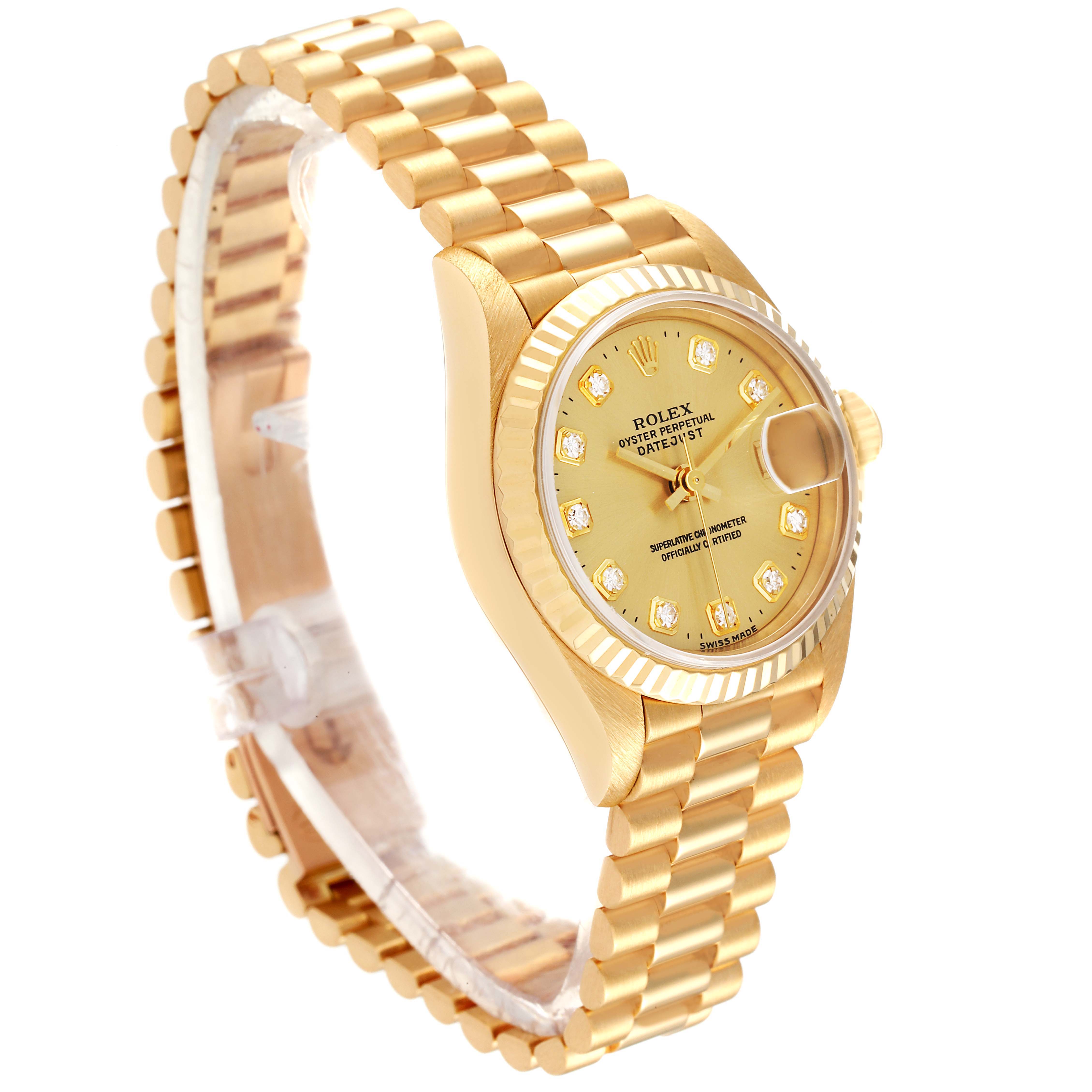 This is a side-angle view of a Rolex President 69178 Women
s Yellow Gold Champagne Dial 69178 Women
s Yellow Gold Champagne Dial model watch, showing the gold bracelet, case, and dial with diamond markers.