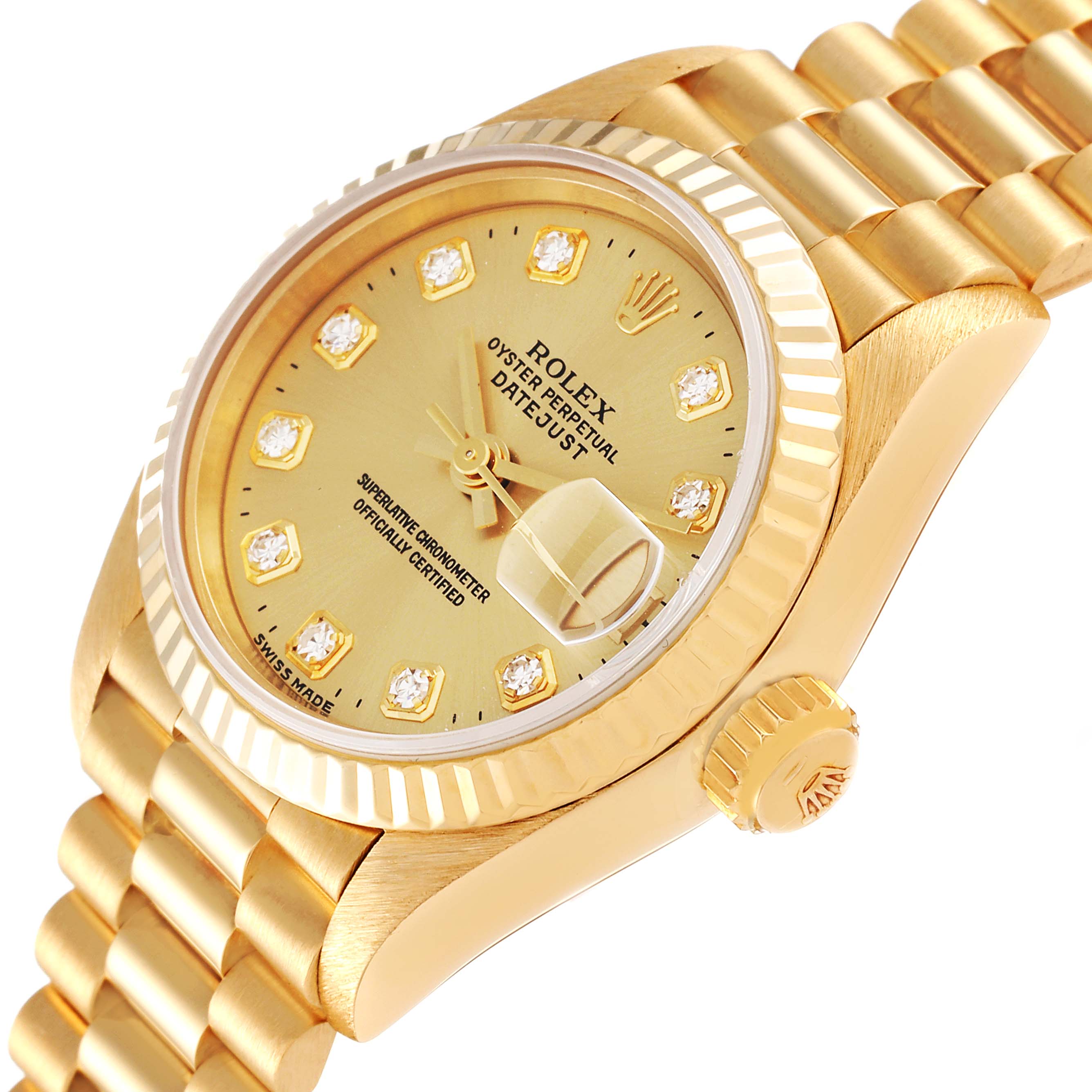 The image shows a close-up view of the Rolex President 69178 Women
s Yellow Gold Champagne Dial 69178 Women
s Yellow Gold Champagne Dial watch, highlighting its gold bracelet, dial, and date magnifier.