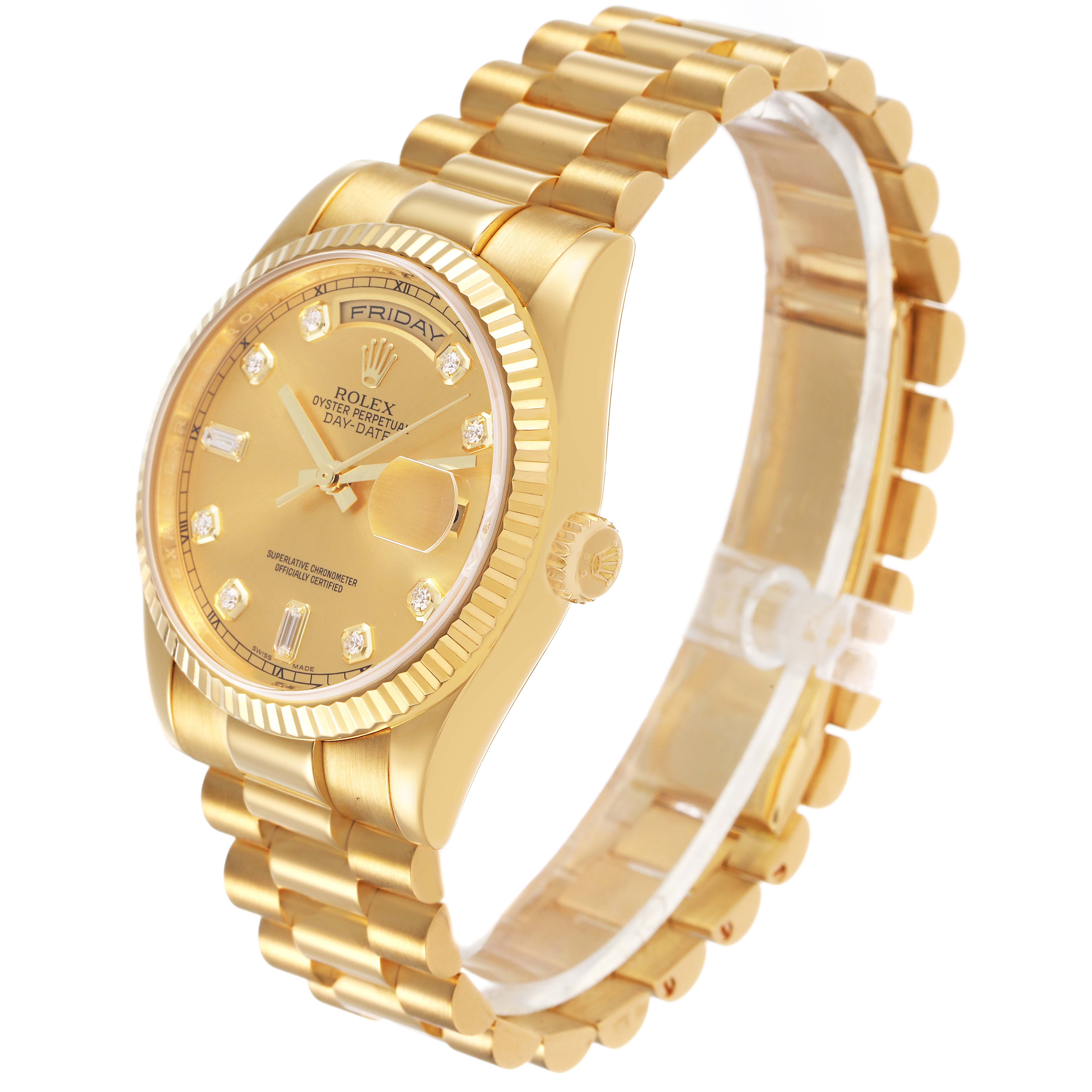 The Rolex President 118238 Men's Yellow Gold Champagne Dial watch is shown from a three-quarter angle, highlighting its gold case, fluted bezel, and bracelet.