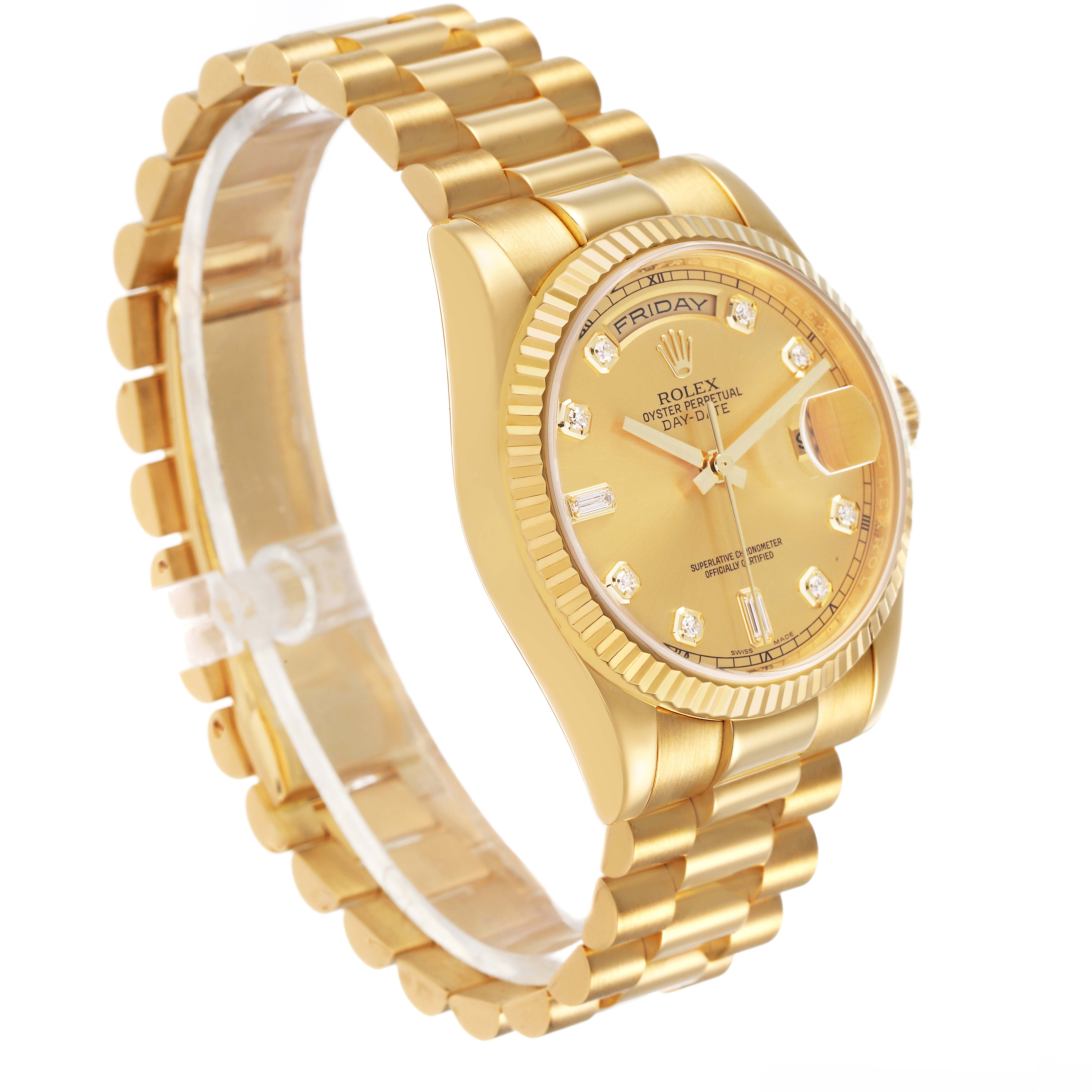 The Rolex President 118238 Men's Yellow Gold Champagne Dial watch is shown at a three-quarter angle, displaying the bracelet and dial.