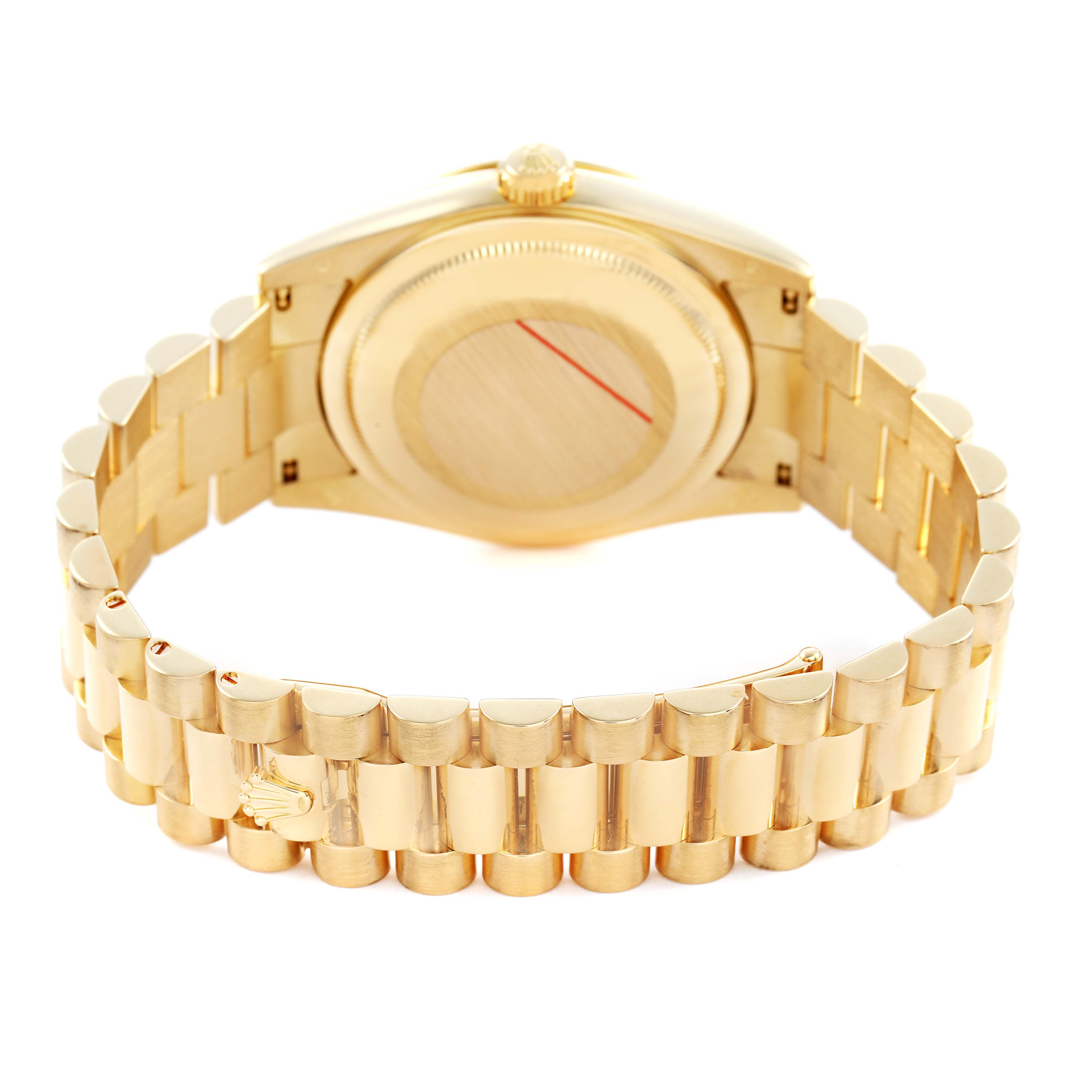 The image shows the back view of a Rolex President 118238 Men's Yellow Gold Champagne Dial watch, highlighting the case back and gold bracelet.