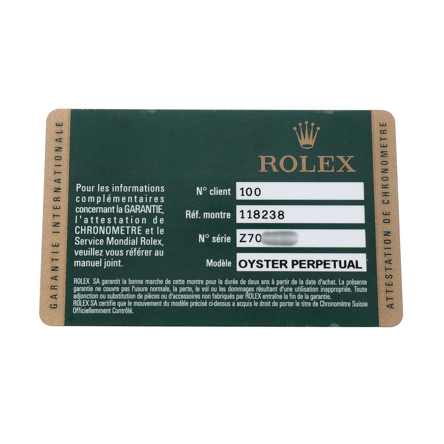 The image shows a Rolex warranty card for the Oyster Perpetual model, displaying customer number, reference, and series details.