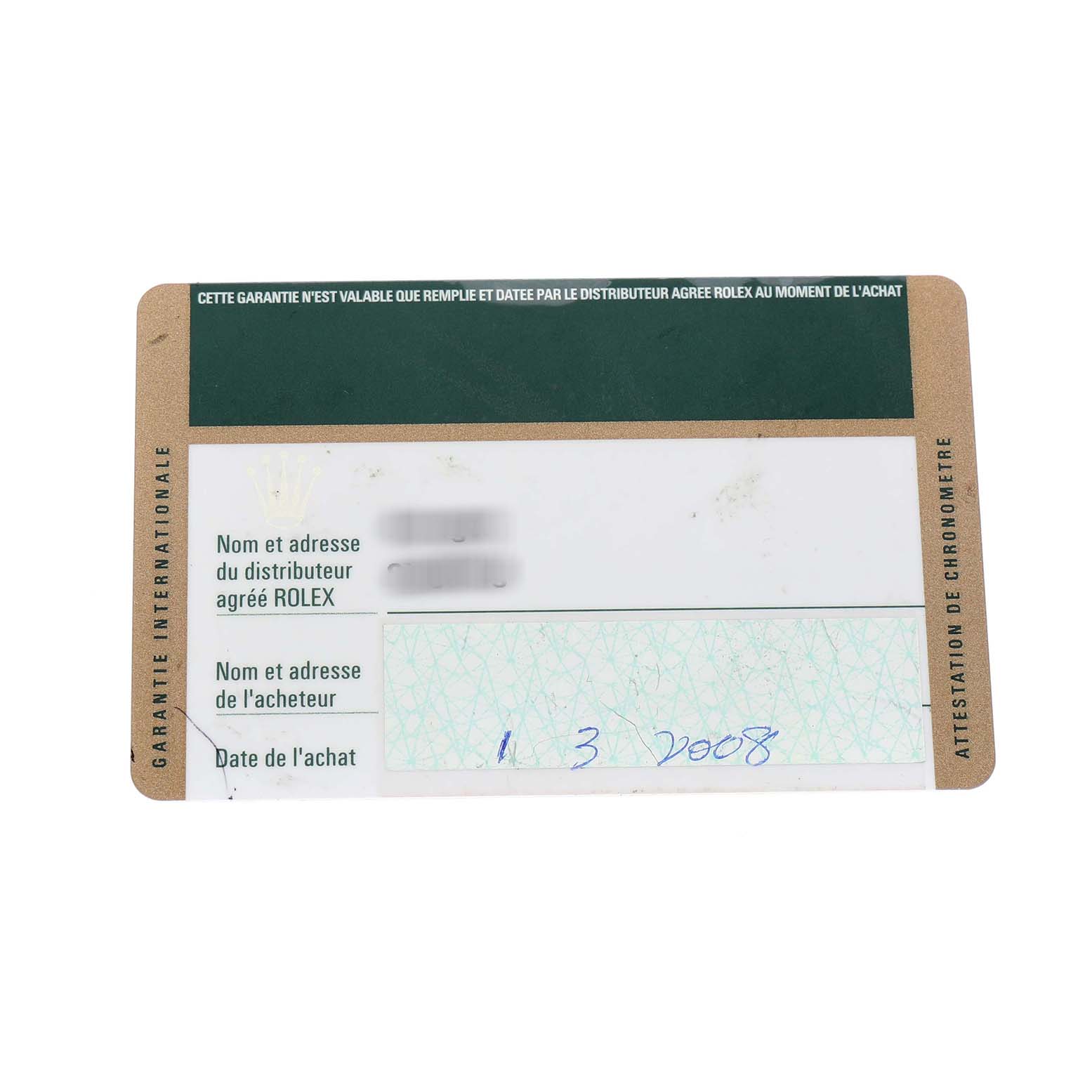 This image displays a Rolex President 118238 Men's Yellow Gold Champagne Dial model warranty card, showing text and purchase information.