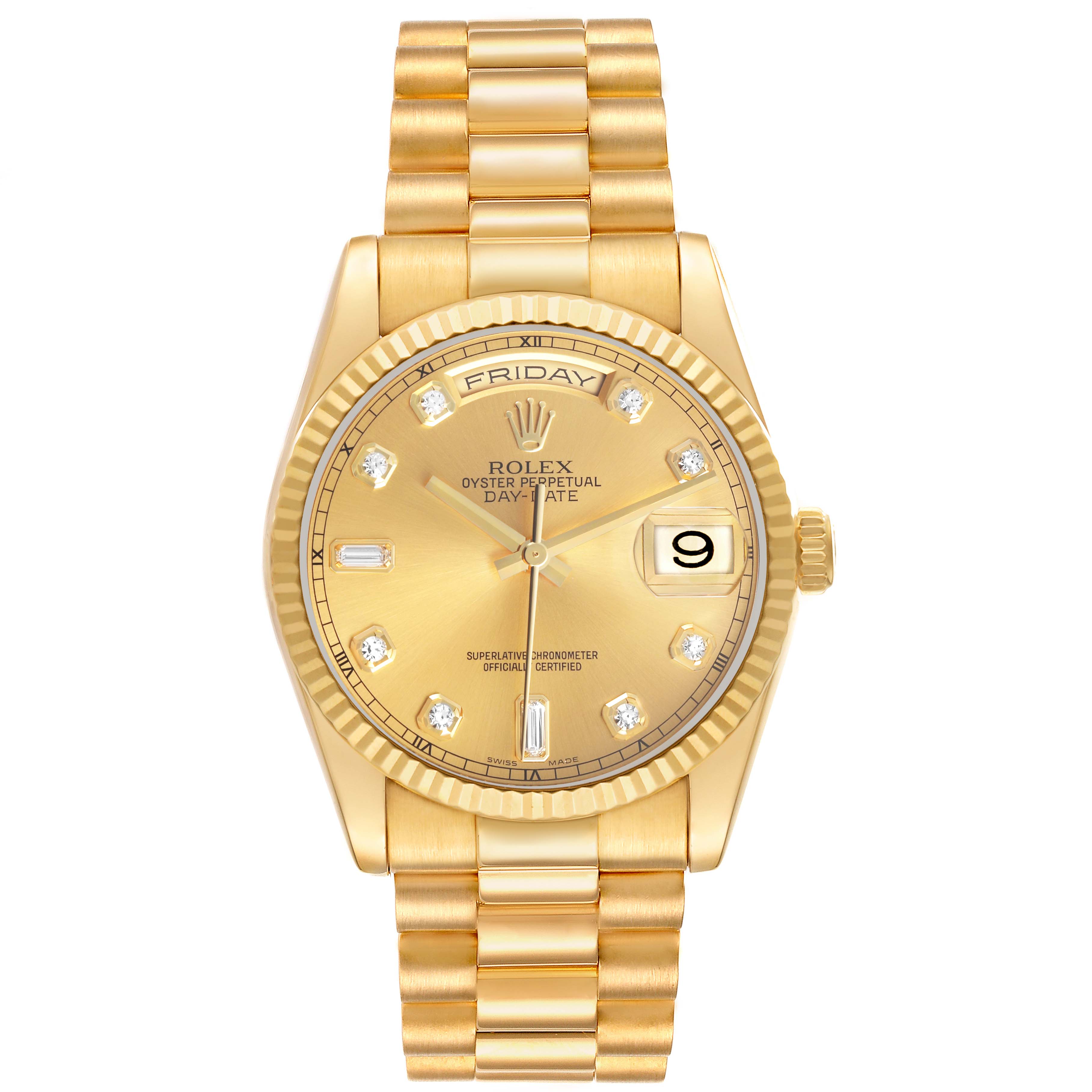 The Rolex President 118238 Men's Yellow Gold Champagne Dial model is shown from a front angle, displaying its bracelet, dial, and bezel clearly.