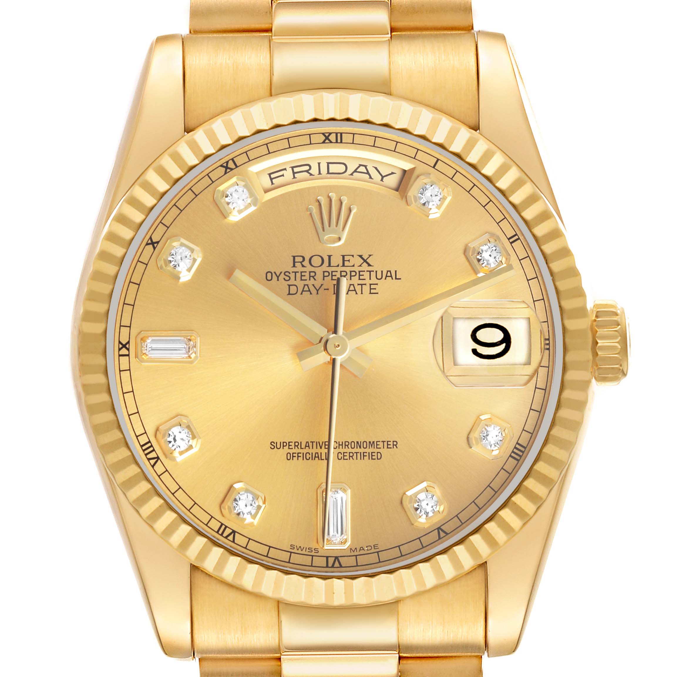 The Rolex President 118238 Men's Yellow Gold Champagne Dial model watch is shown from a frontal angle, highlighting the dial, bezel, and part of the bracelet.