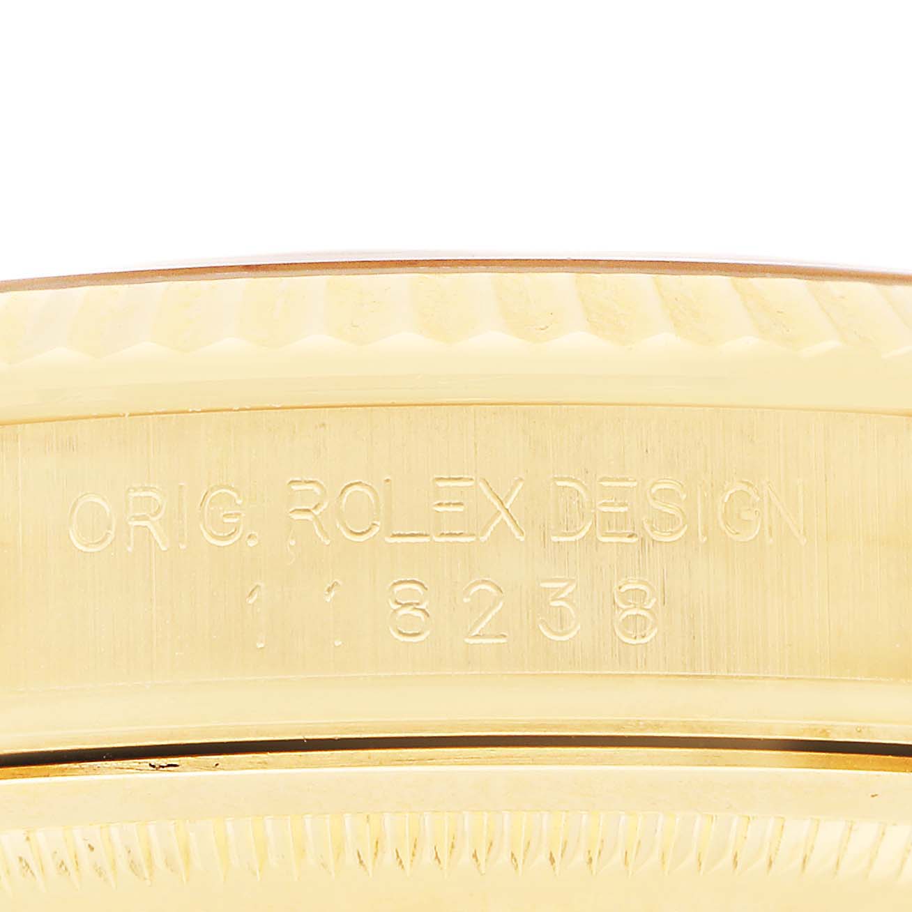 The image shows the side view of the Rolex President 118238 Men's Yellow Gold Champagne Dial watch, highlighting the model number engraved on the case.
