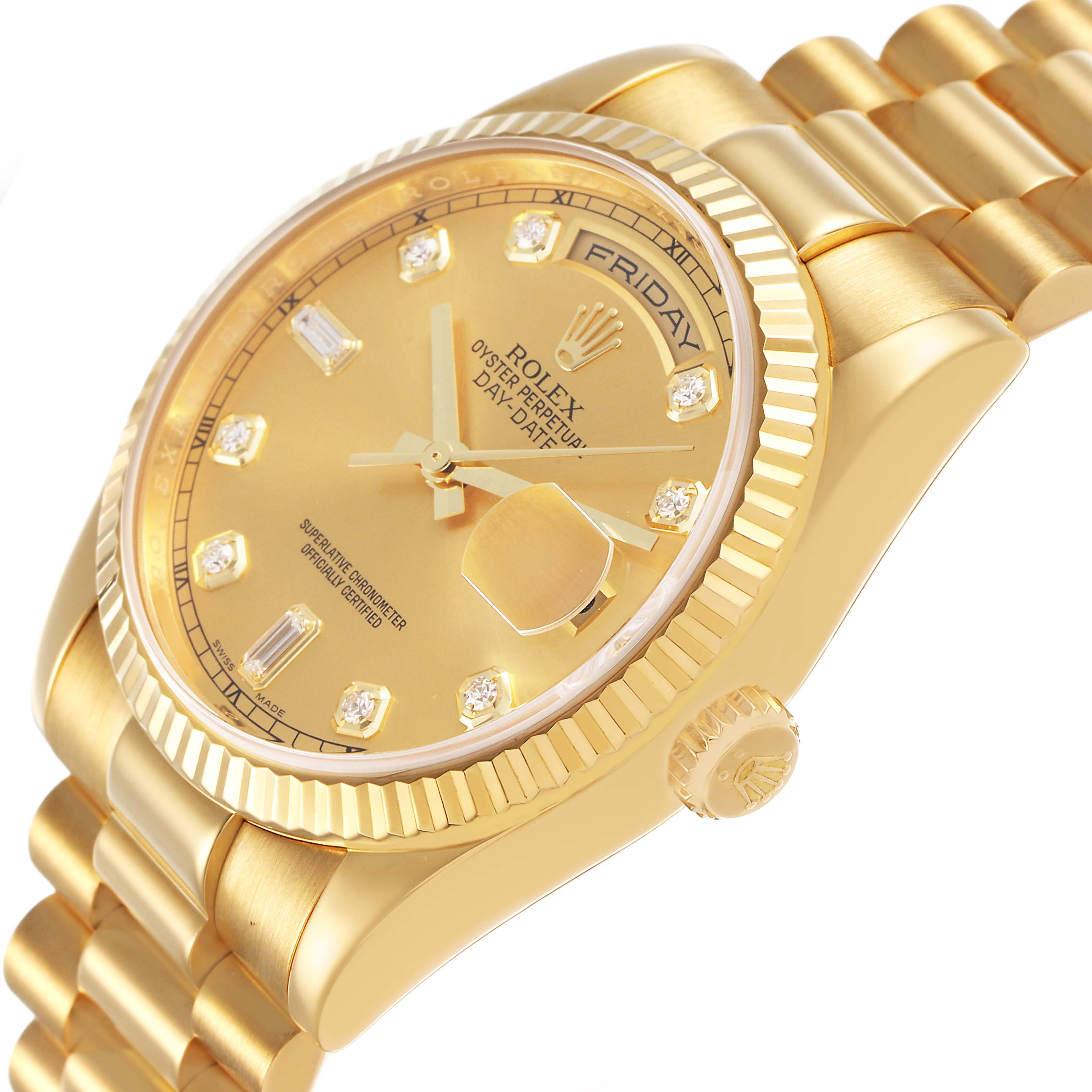 The Rolex President 118238 Men's Yellow Gold Champagne Dial watch is shown at a slight angle, highlighting the gold dial, fluted bezel, and bracelet links.