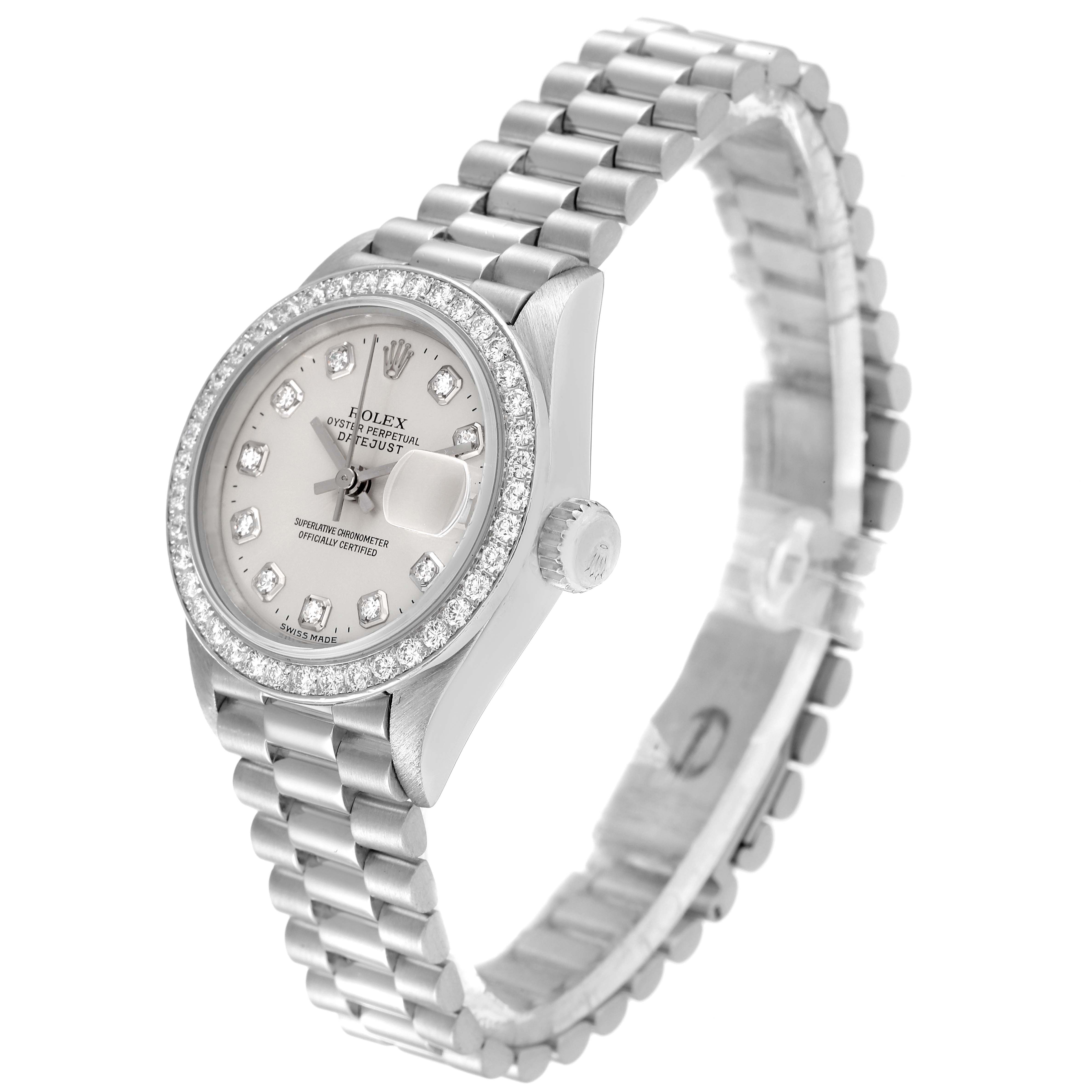 This image shows a Rolex President 69136 Women's Platinum Silver Dial 69136 Women's Platinum Silver Dial model watch from a diagonal side view, highlighting the face, dial, crown, and band.