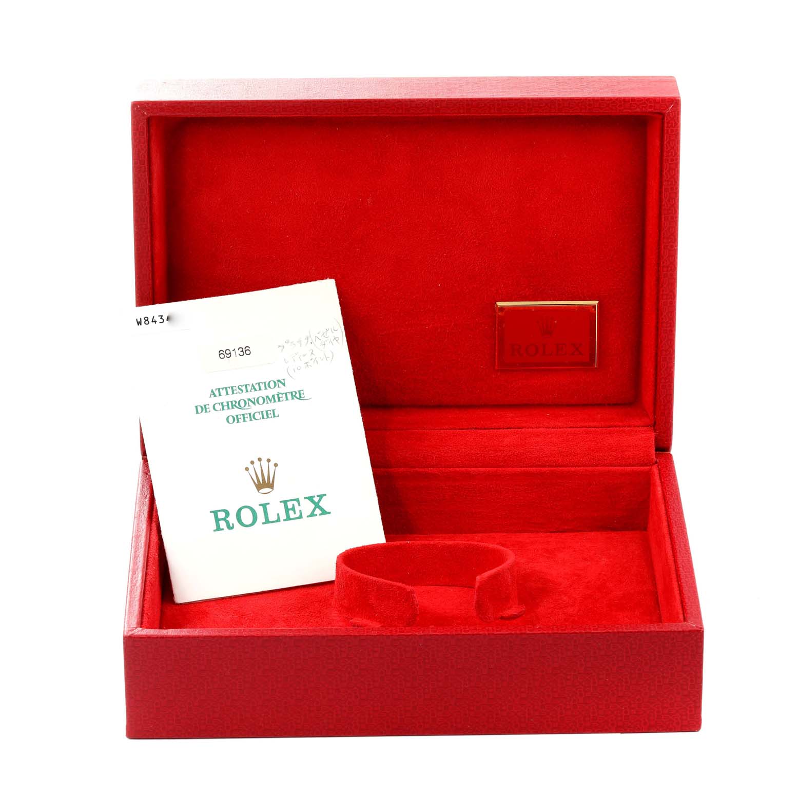 The image shows an open presentation box for a Rolex President 69136 Women's Platinum Silver Dial 69136 Women's Platinum Silver Dial model, featuring a red interior and an official document.