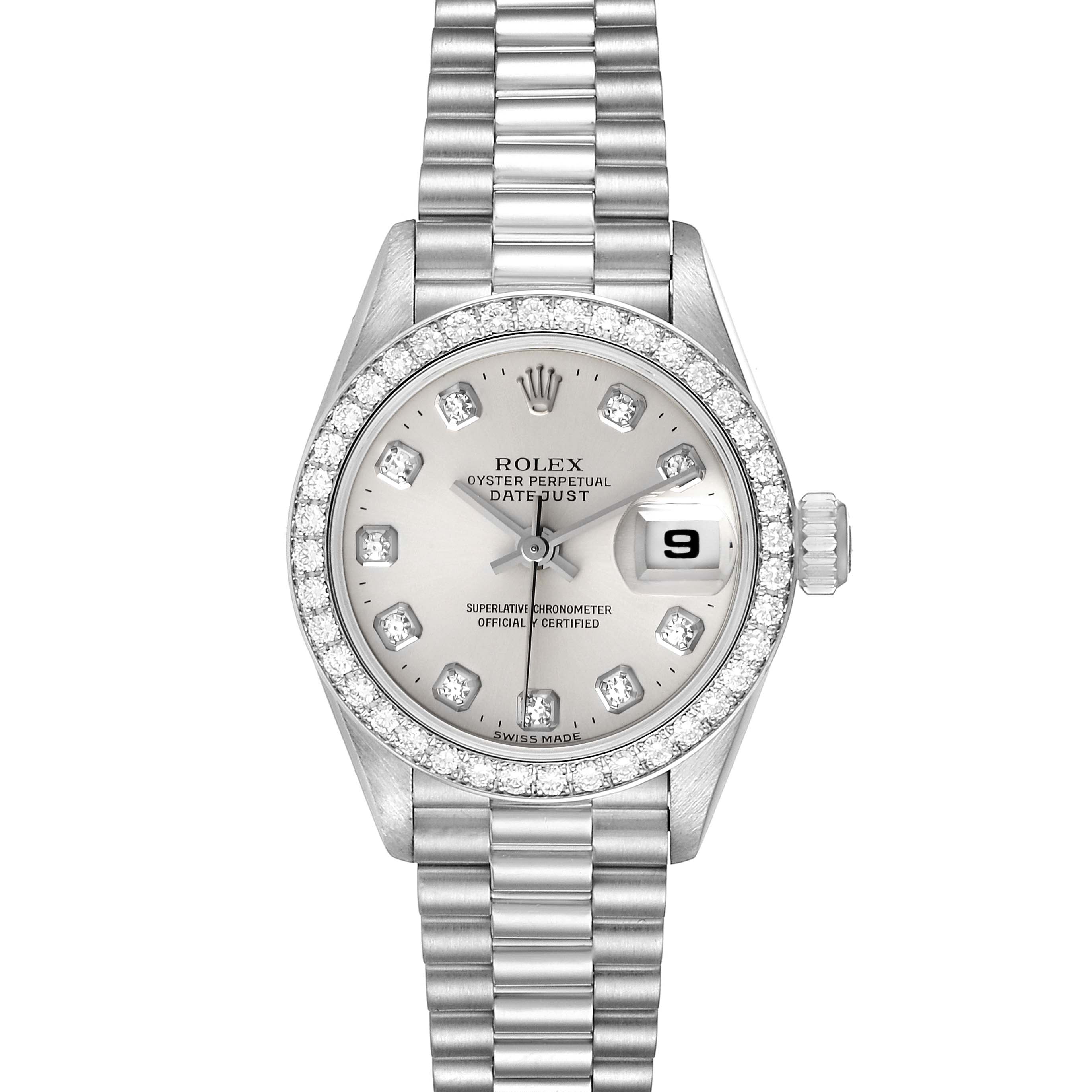 The Rolex President 69136 Women's Platinum Silver Dial 69136 Women's Platinum Silver Dial model watch is shown from the front, displaying the face, bezel, and bracelet.
