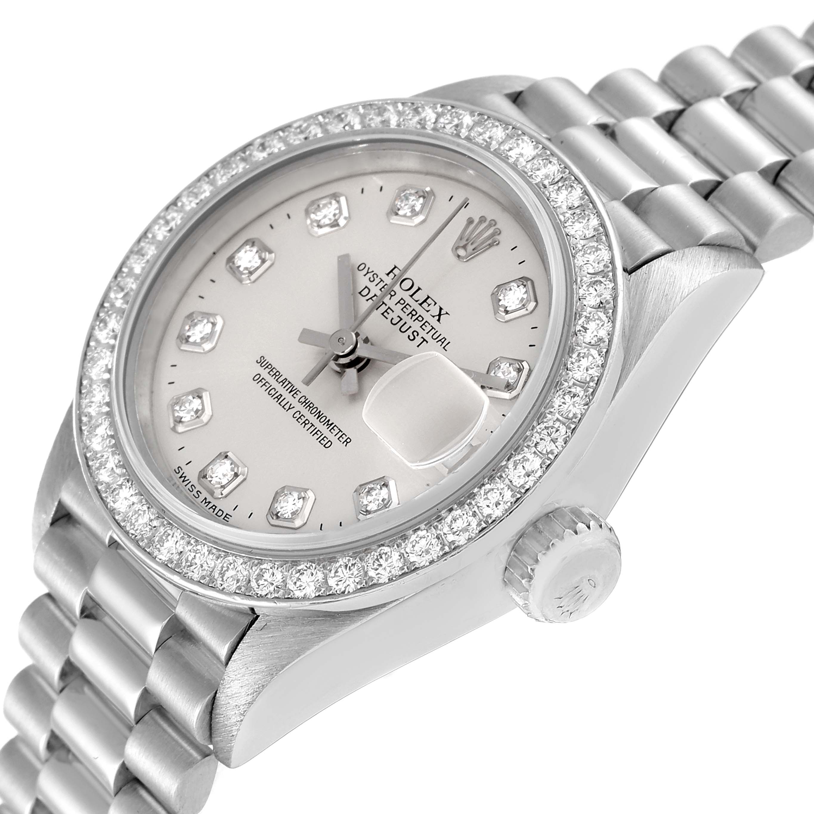 This image shows a close-up, angled view of a Rolex President 69136 Women's Platinum Silver Dial 69136 Women's Platinum Silver Dial model watch, displaying the dial, bezel, and part of the bracelet.