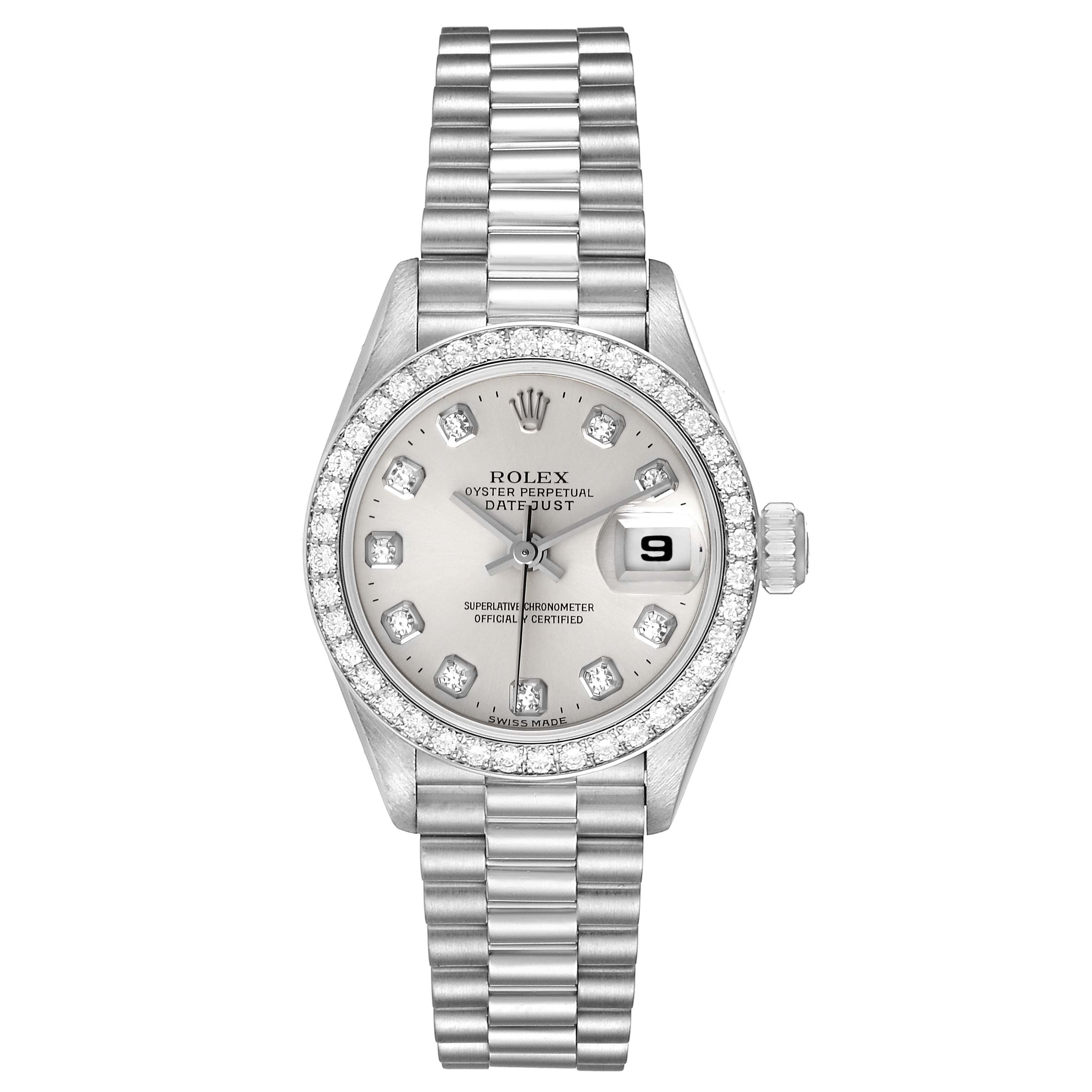 The image shows a Rolex President 69136 Women's Platinum Silver Dial 69136 Women's Platinum Silver Dial model watch in a top-down view, displaying the face, bezel, bracelet, and date window.