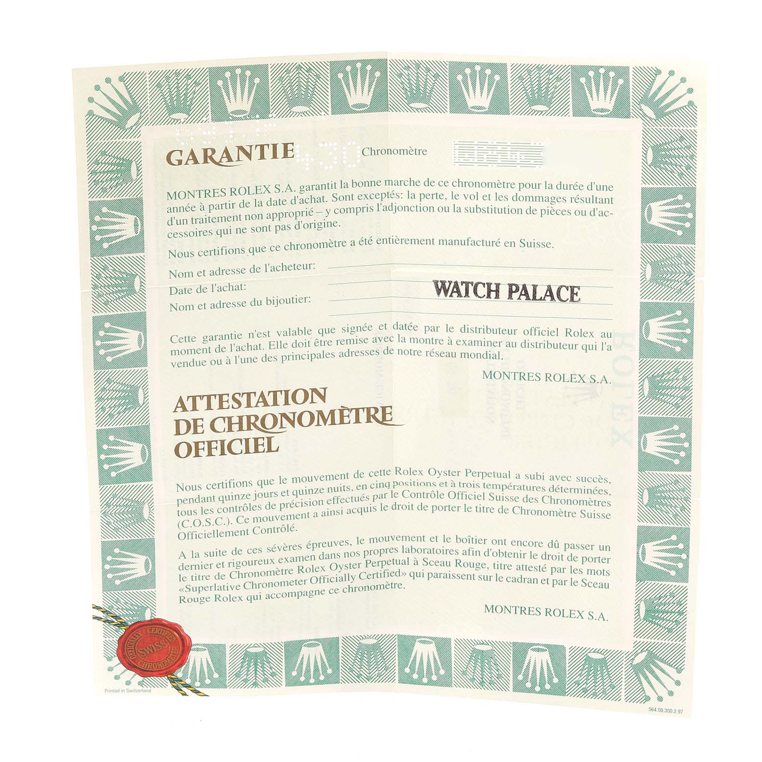 The image shows the guarantee and certification document for the Rolex President 69136 Women's Platinum Silver Dial 69136 Women's Platinum Silver Dial model watch.