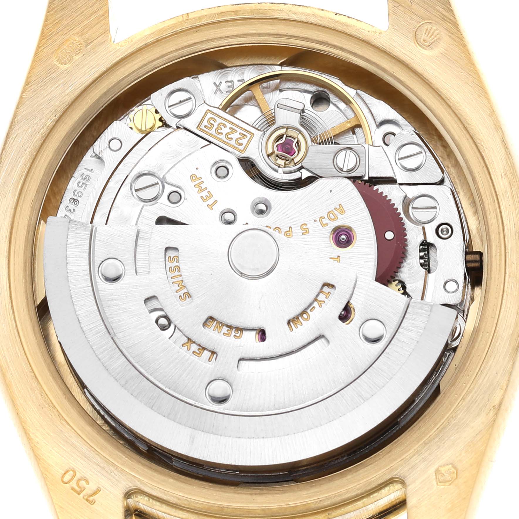 The image shows the movement from the back side of a Rolex President 179138 Women's Yellow Gold Silver Dial model, highlighting its intricate mechanical parts.