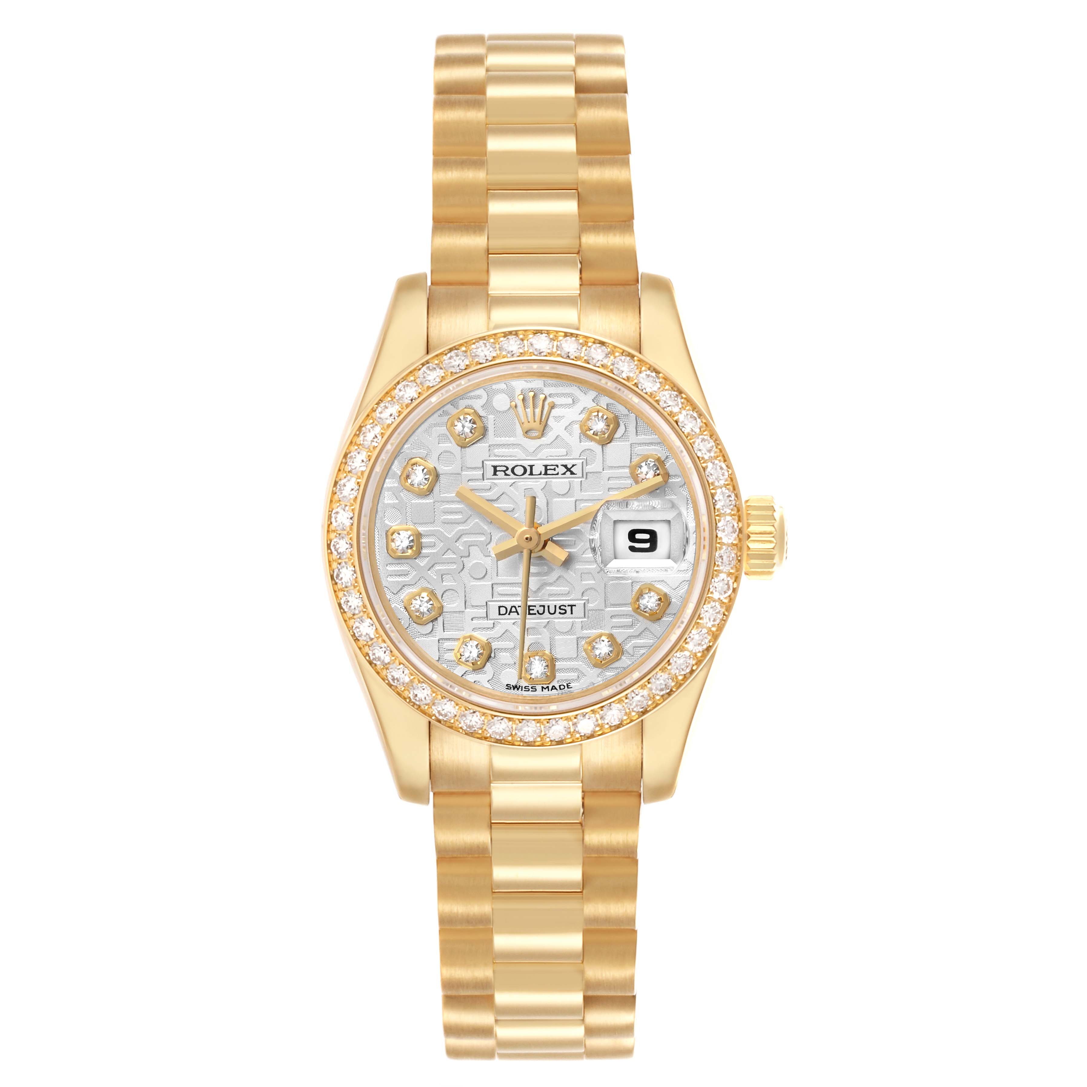 The Rolex President 179138 Women's Yellow Gold Silver Dial model watch is shown from a top view, highlighting the gold bracelet, diamond bezel, and date feature.