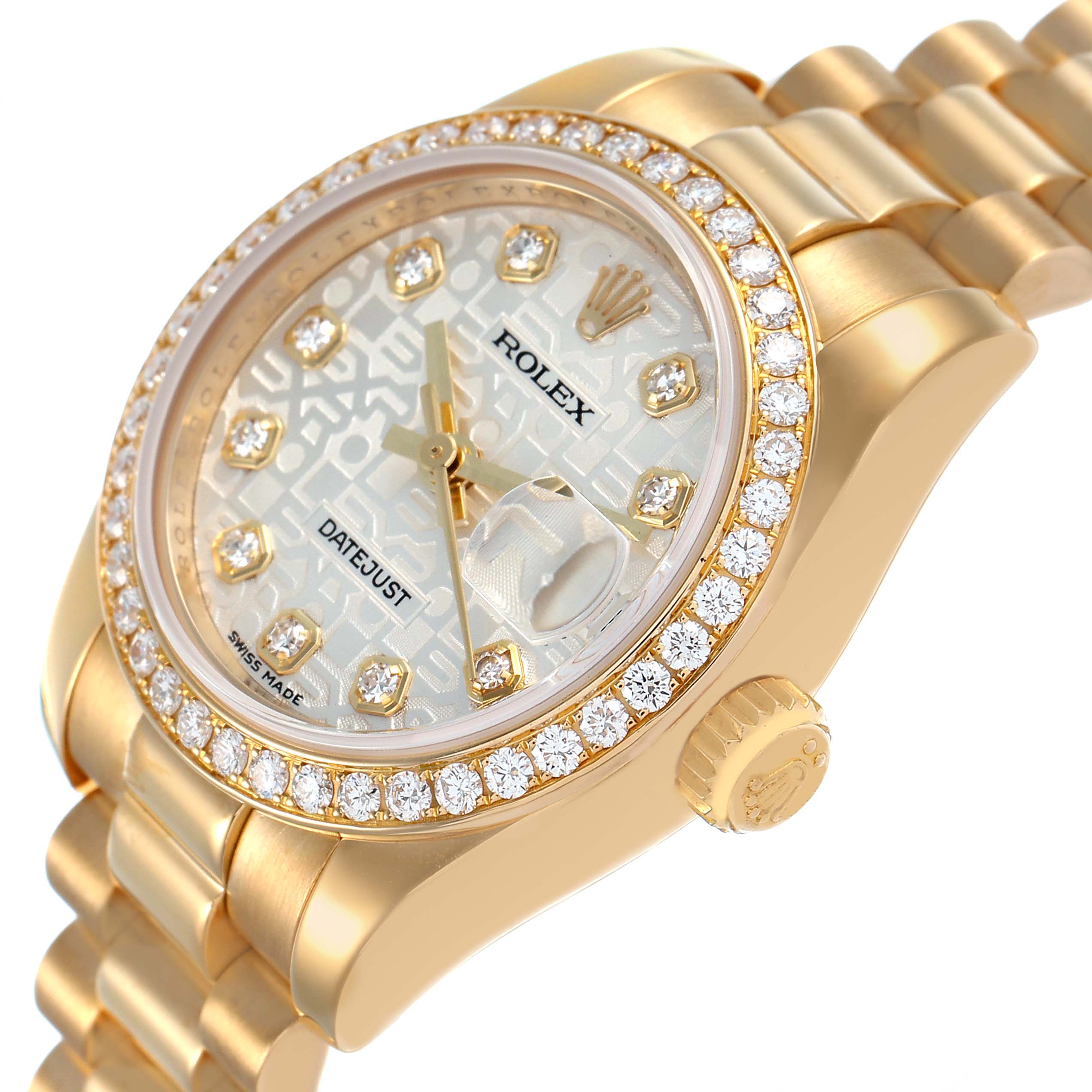 The Rolex President 179138 Women's Yellow Gold Silver Dial model watch is shown at a slight angle, highlighting the diamond-studded bezel, dial, and bracelet.