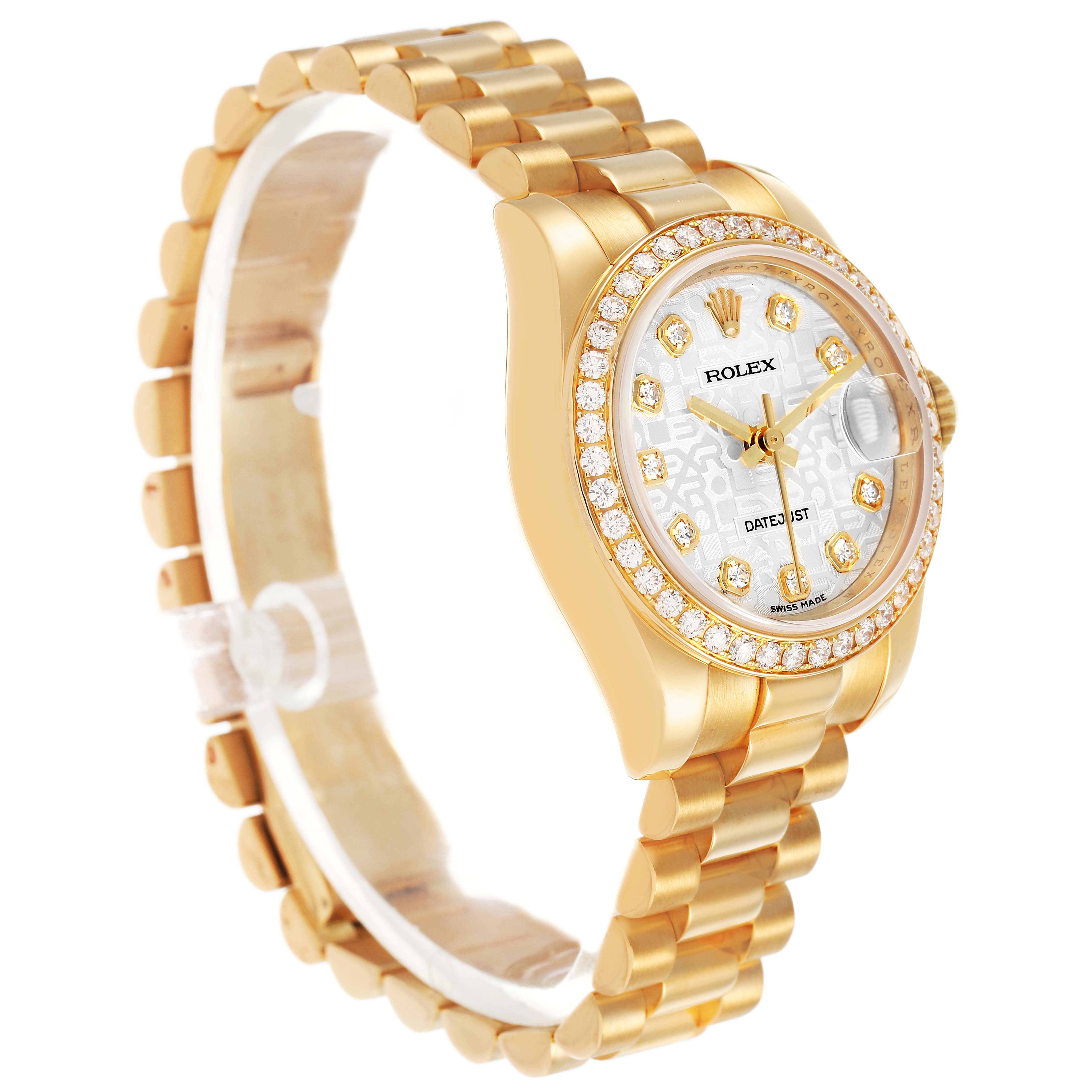 The Rolex President 179138 Women's Yellow Gold Silver Dial model is shown at a three-quarter angle, highlighting the dial, bezel, and bracelet.