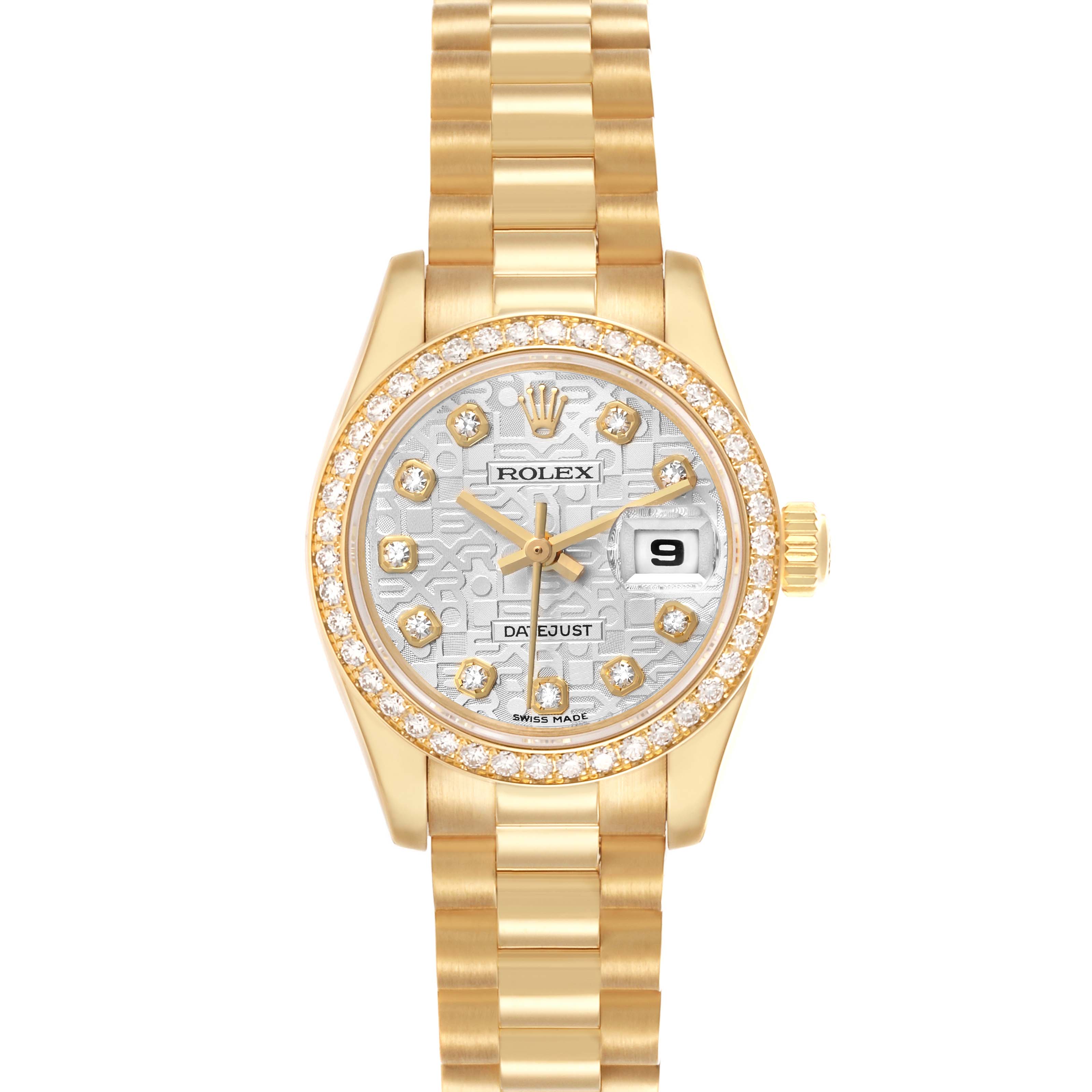 The Rolex President 179138 Women's Yellow Gold Silver Dial model watch is shown from the front, displaying its face, bezel, bracelet, and crown.