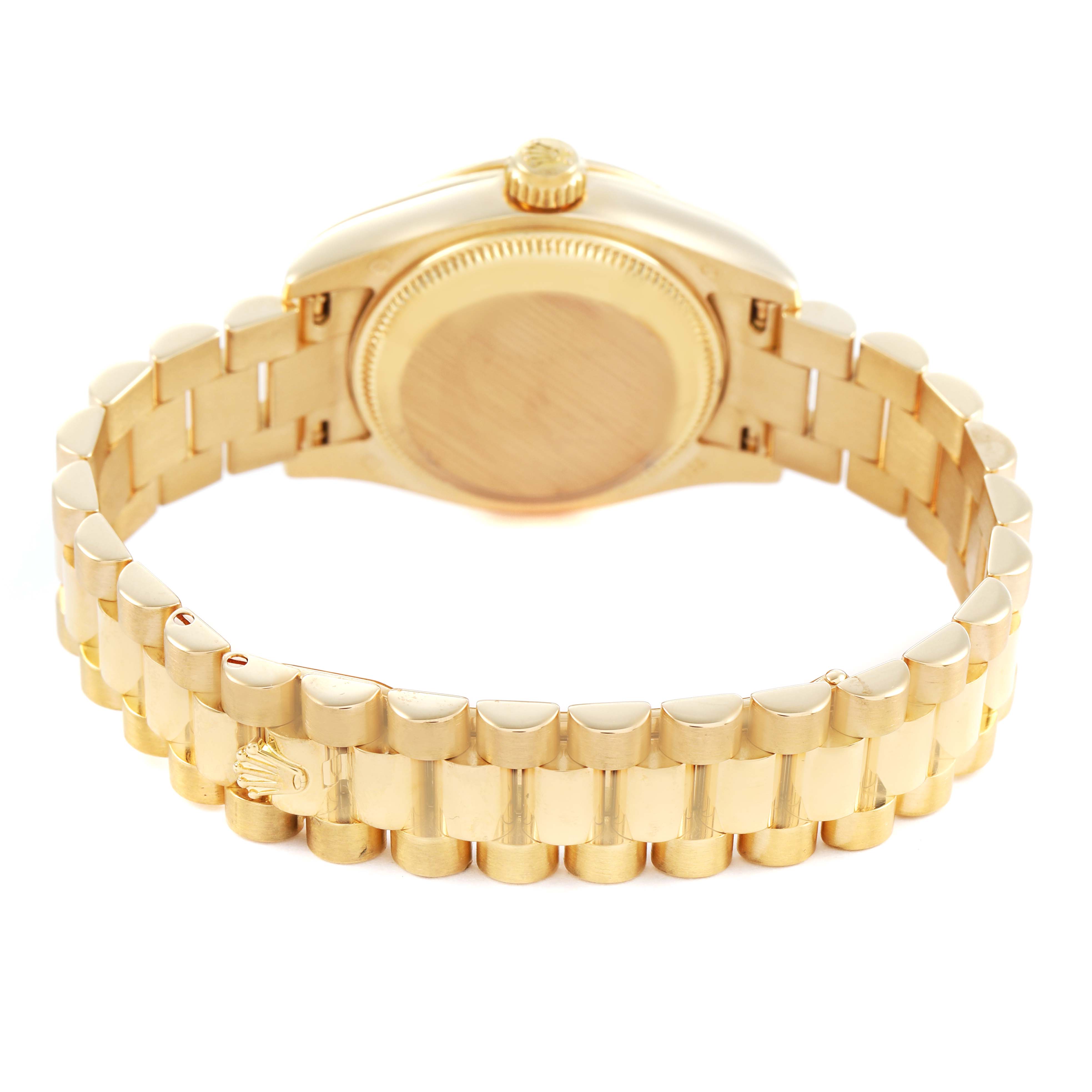 The Rolex President 179138 Women's Yellow Gold Silver Dial model watch is shown from the back, highlighting the bracelet and case back.