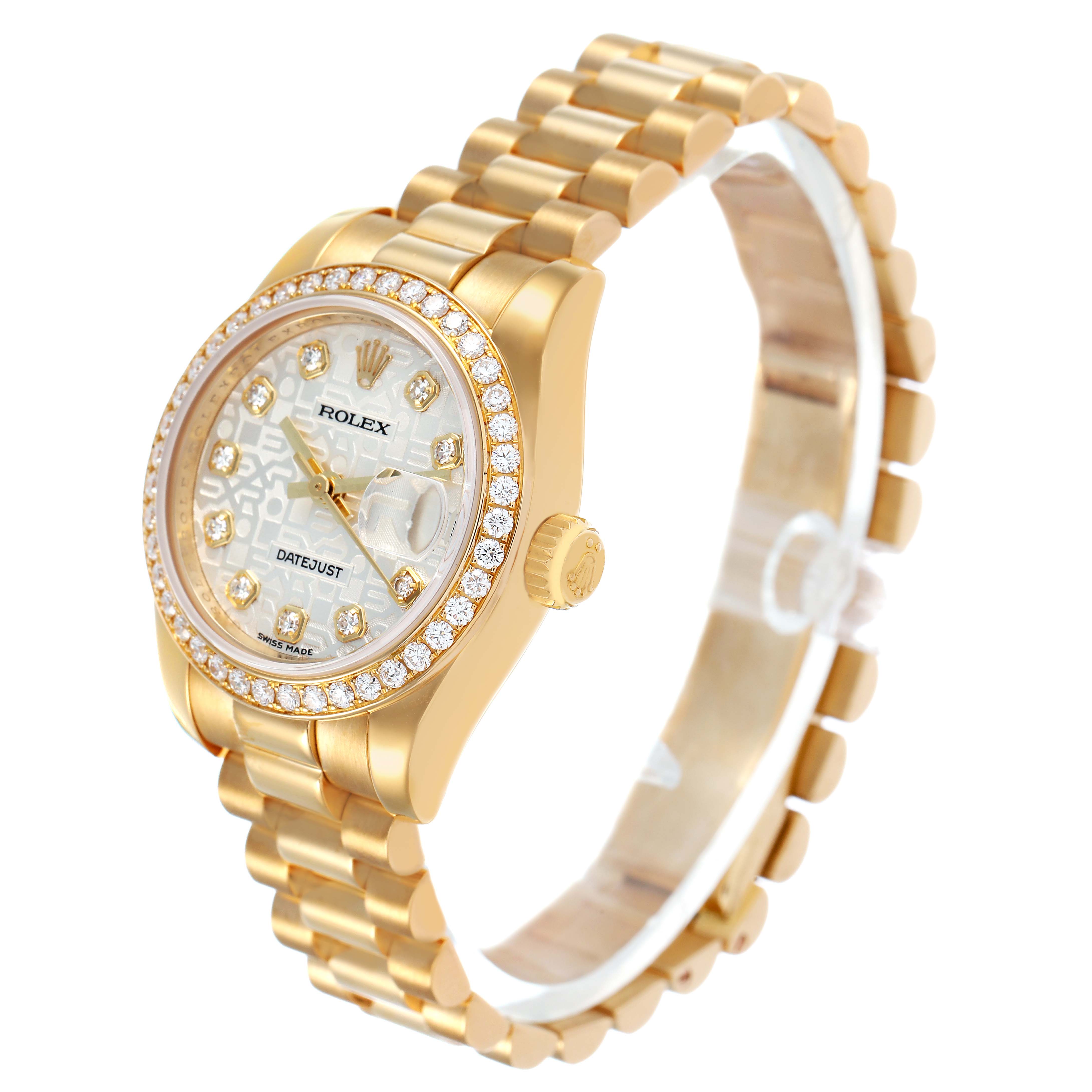 The Rolex President 179138 Women's Yellow Gold Silver Dial model watch is shown at a three-quarter angle, highlighting its bracelet, bezel, crown, and diamond markers.