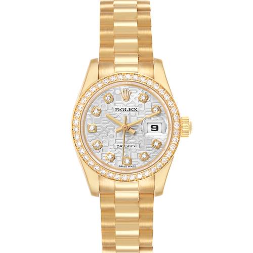 The Rolex President 179138 Women's Yellow Gold Silver Dial model is shown from a top view, displaying the dial, bezel, bracelet, and crown.