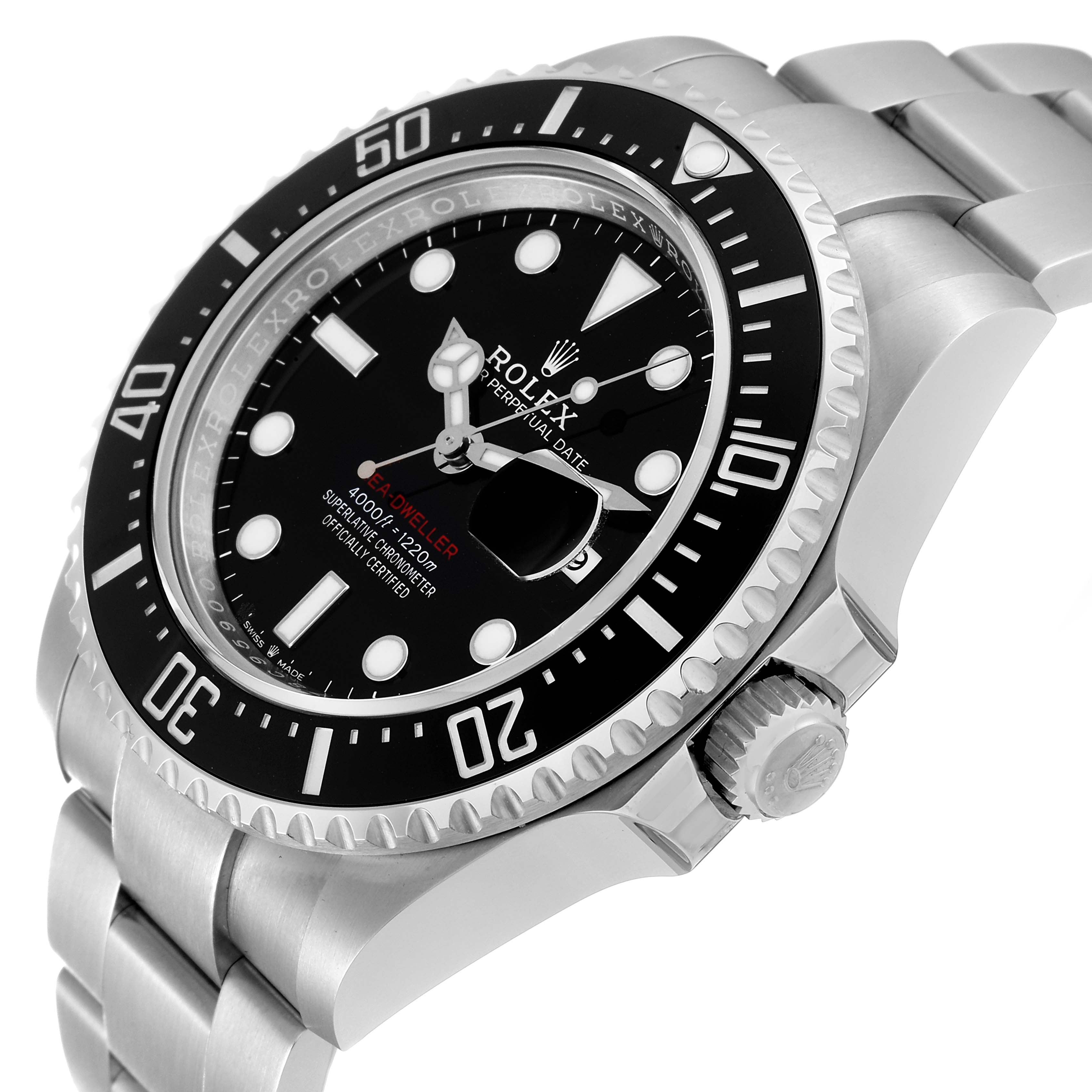 The image shows a Rolex Sea-Dweller 126600 Men's Stainless Steel Black Dial 126600 Men's Stainless Steel Black Dial watch from an oblique angle, highlighting the bezel, dial, and part of the bracelet.