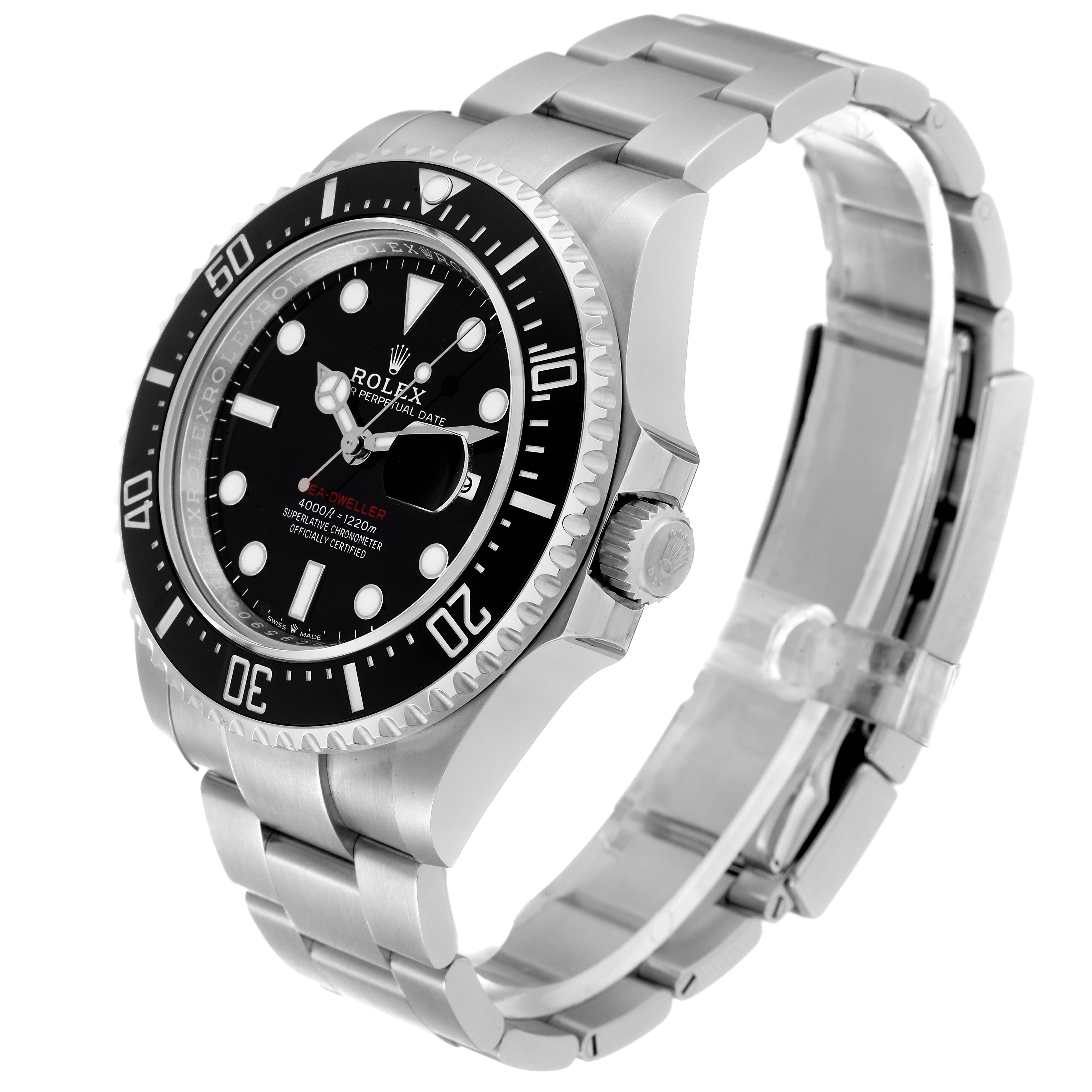 The Rolex Sea-Dweller 126600 Men's Stainless Steel Black Dial 126600 Men's Stainless Steel Black Dial watch is shown at a three-quarter angle, displaying its face, bezel, crown, and bracelet.