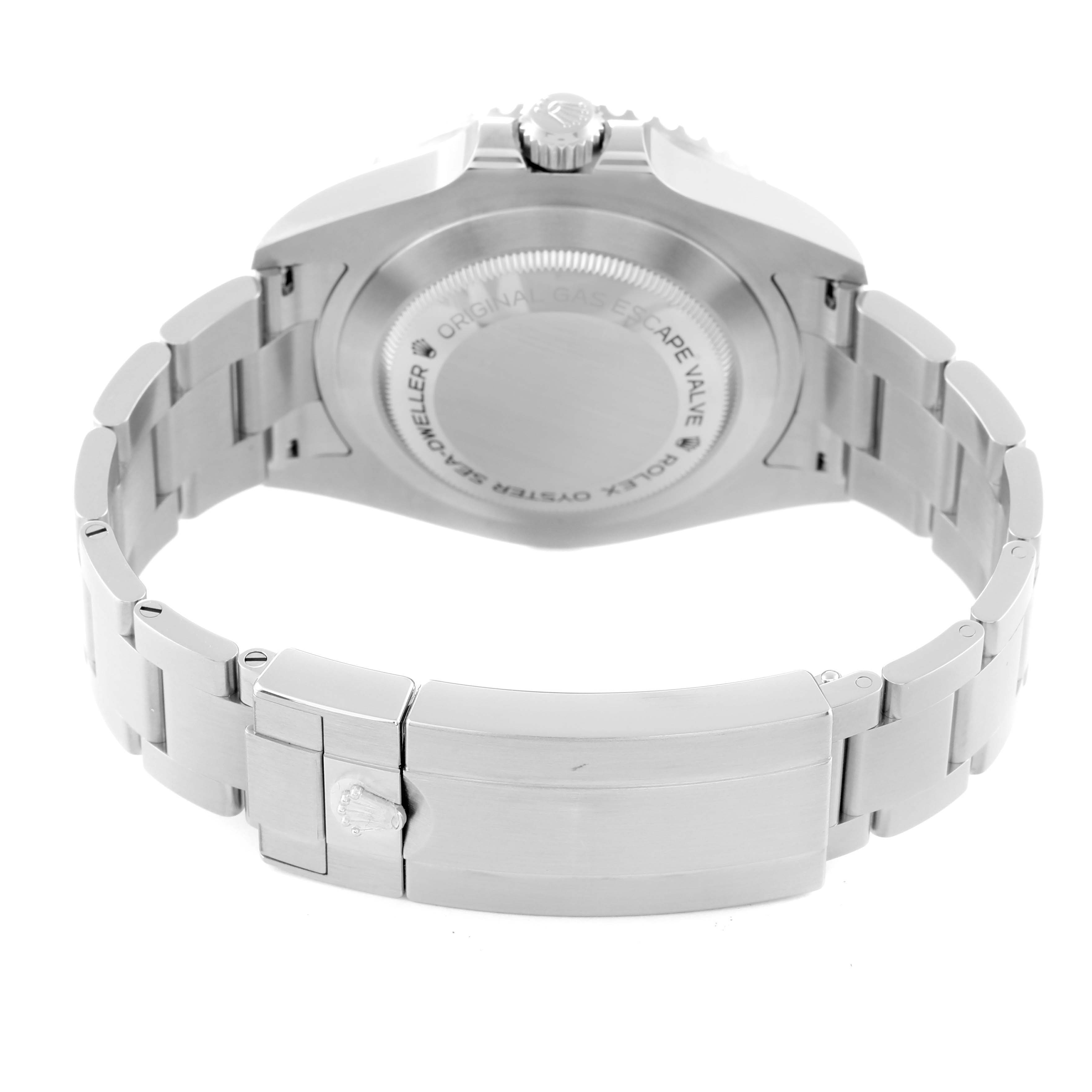 The image shows the back view of a Rolex Sea-Dweller 126600 Men's Stainless Steel Black Dial 126600 Men's Stainless Steel Black Dial watch, highlighting the case back and bracelet.