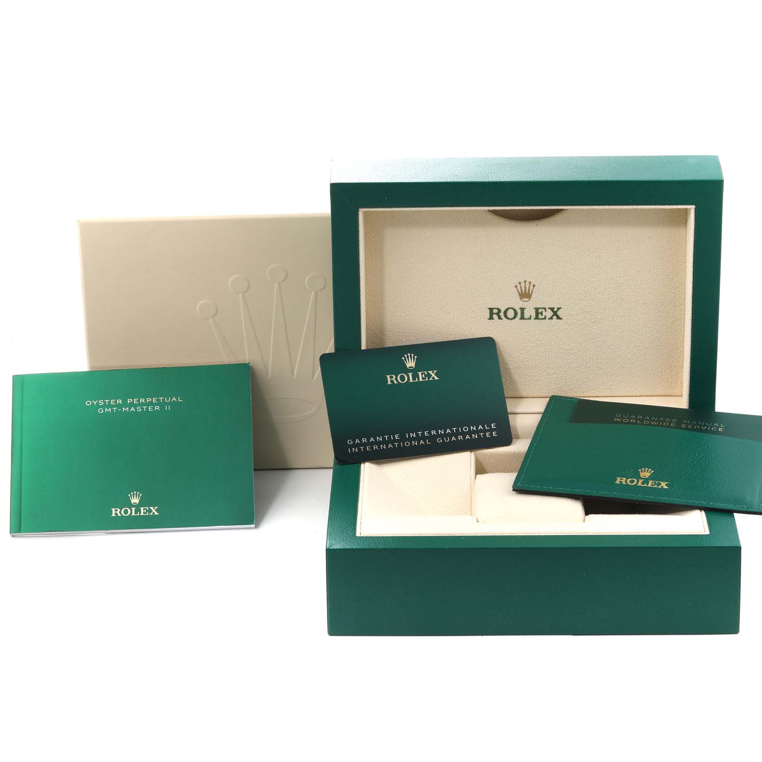 The image shows the packaging and accessories for a Rolex Sea-Dweller 126600 Men's Stainless Steel Black Dial 126600 Men's Stainless Steel Black Dial watch, including the box, guarantee card, and manuals.