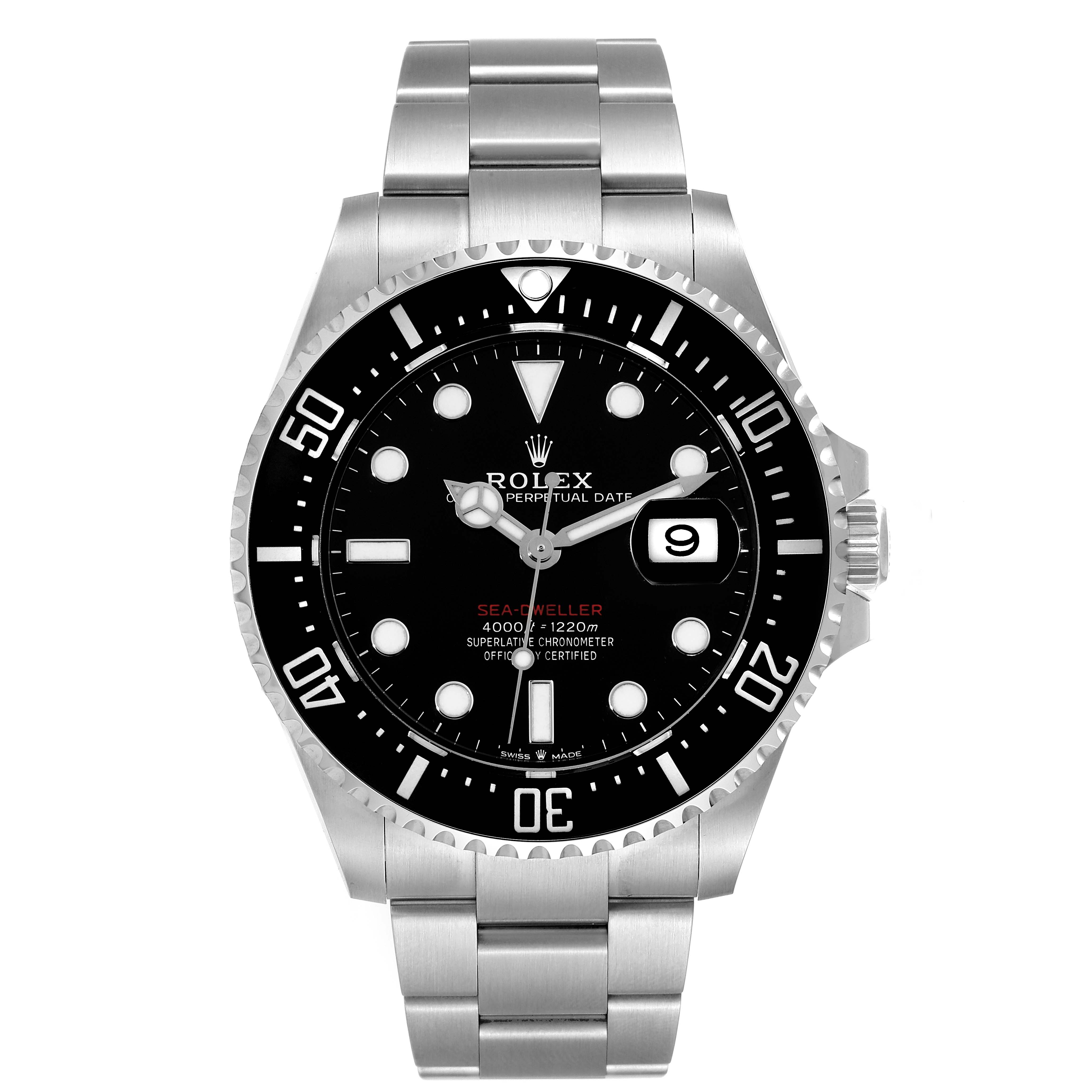The image shows a front view of a Rolex Sea-Dweller 126600 Men's Stainless Steel Black Dial 126600 Men's Stainless Steel Black Dial watch, displaying its dial, bezel, bracelet, and crown.