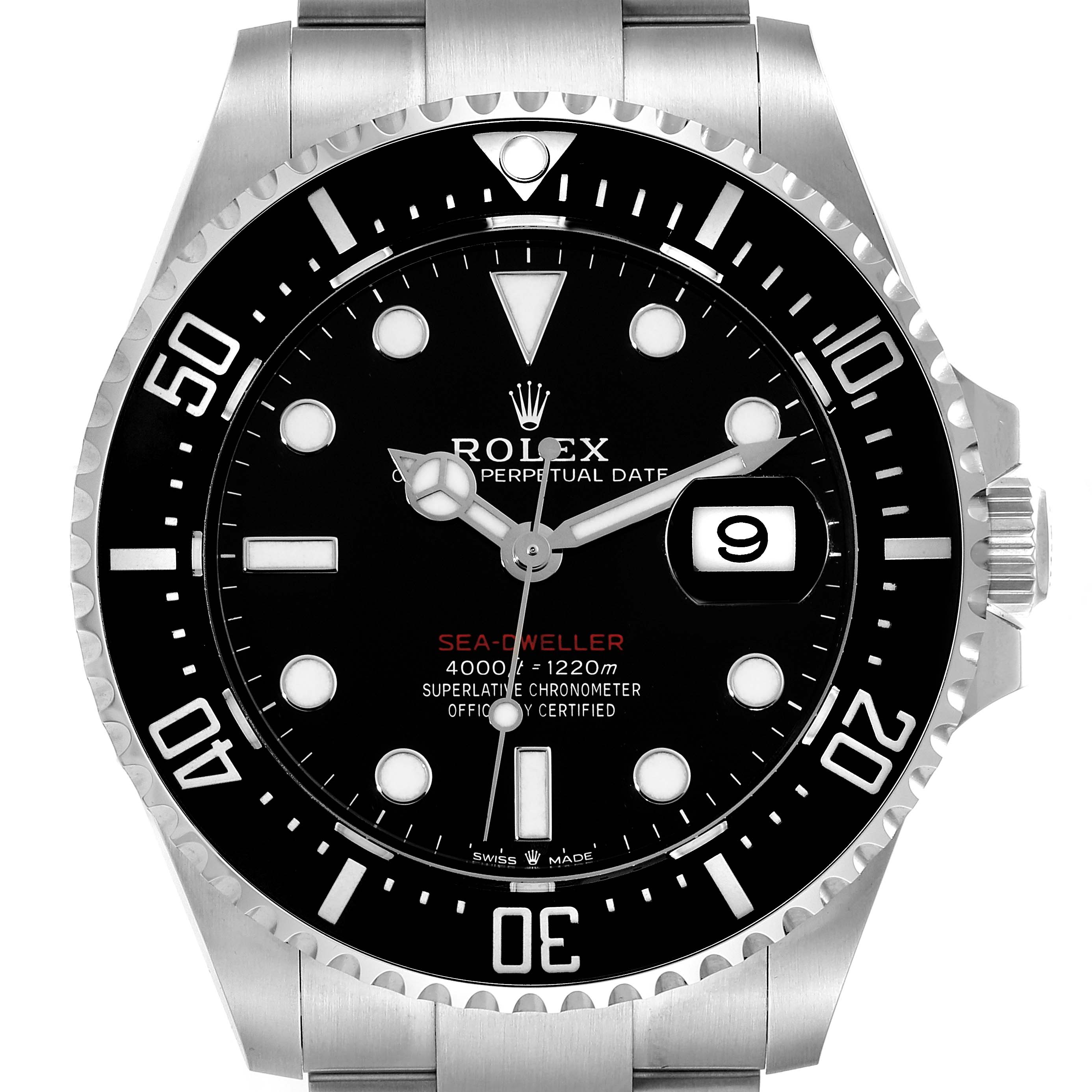 This image shows a close-up, front view of the Rolex Sea-Dweller 126600 Men's Stainless Steel Black Dial 126600 Men's Stainless Steel Black Dial watch, highlighting the dial, bezel, and date window.