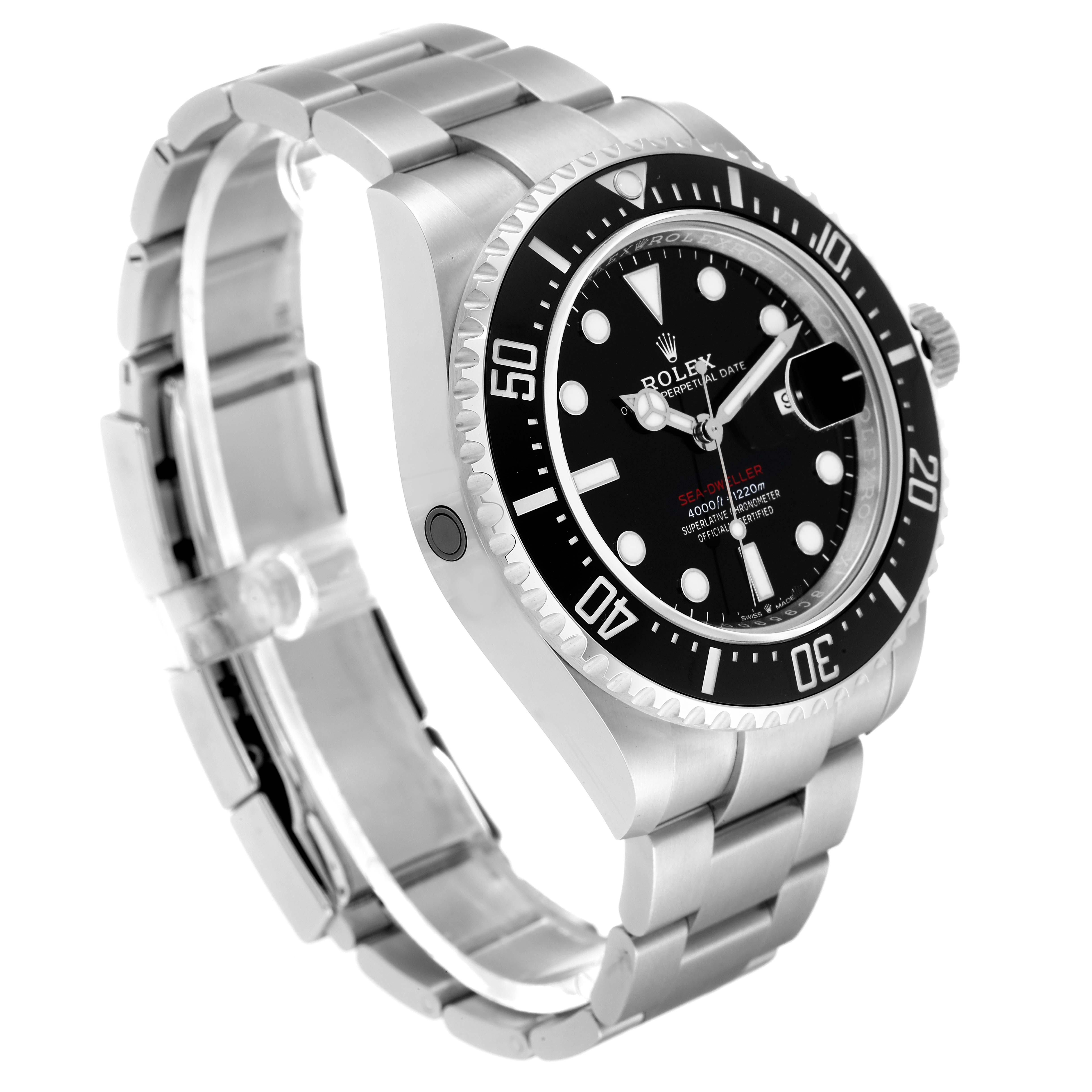 The image showcases a Rolex Sea-Dweller 126600 Men's Stainless Steel Black Dial 126600 Men's Stainless Steel Black Dial watch at a three-quarter angle, highlighting its bracelet, bezel, dial, and crown.