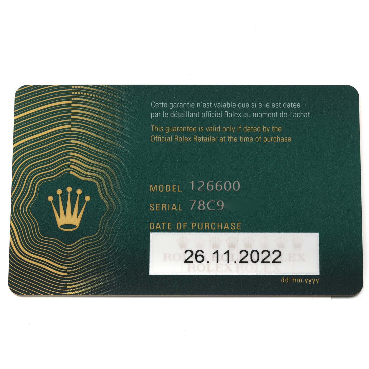 This is a Rolex guarantee card for the Sea-Dweller model 126600, displaying its serial number and purchase date, November 26, 2022.