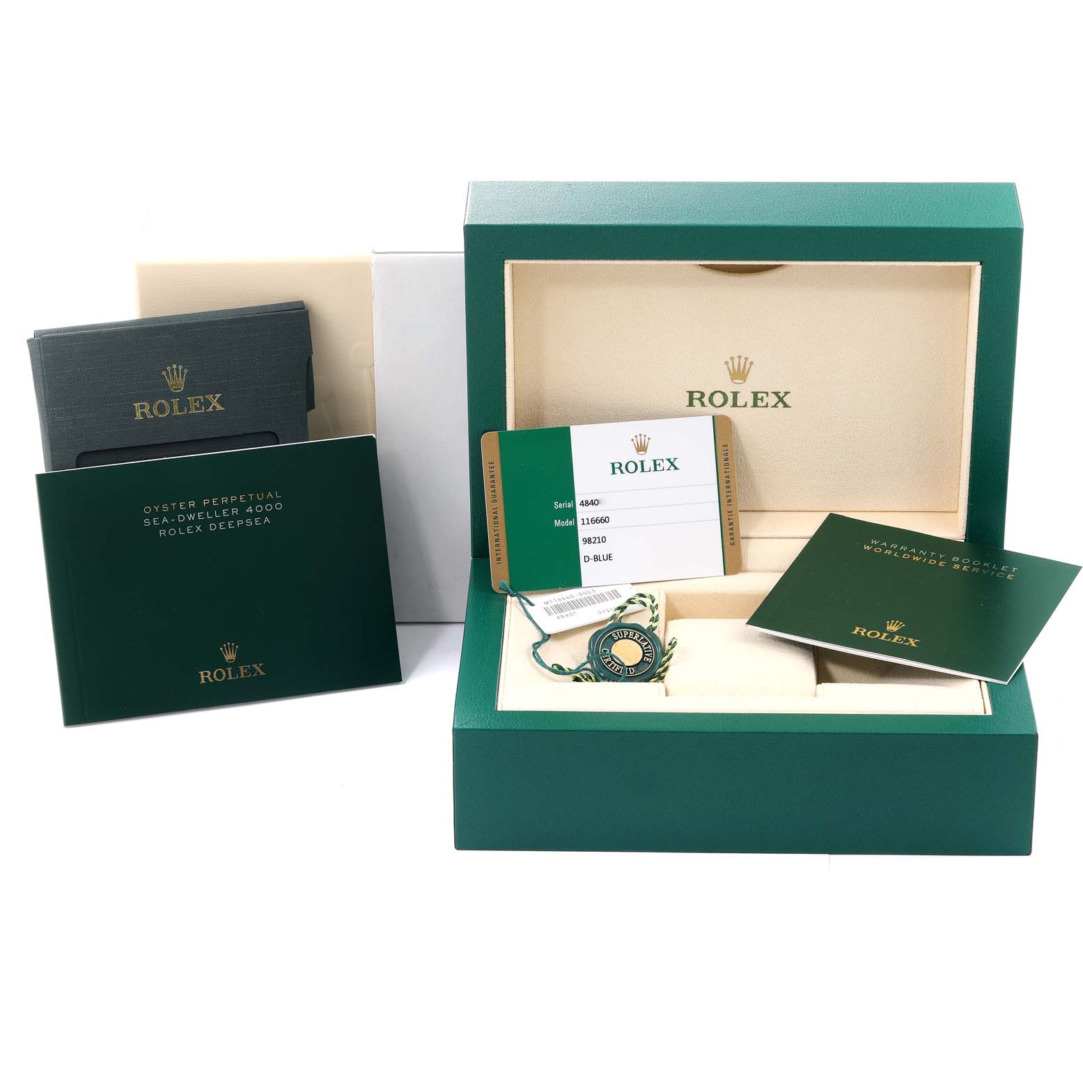 The image shows the Rolex Sea-Dweller 116660 Men's Stainless Steel Blue Dial 116660 Men's Stainless Steel Blue Dial watch box, manuals, warranty card, and hang tags from a front angle.