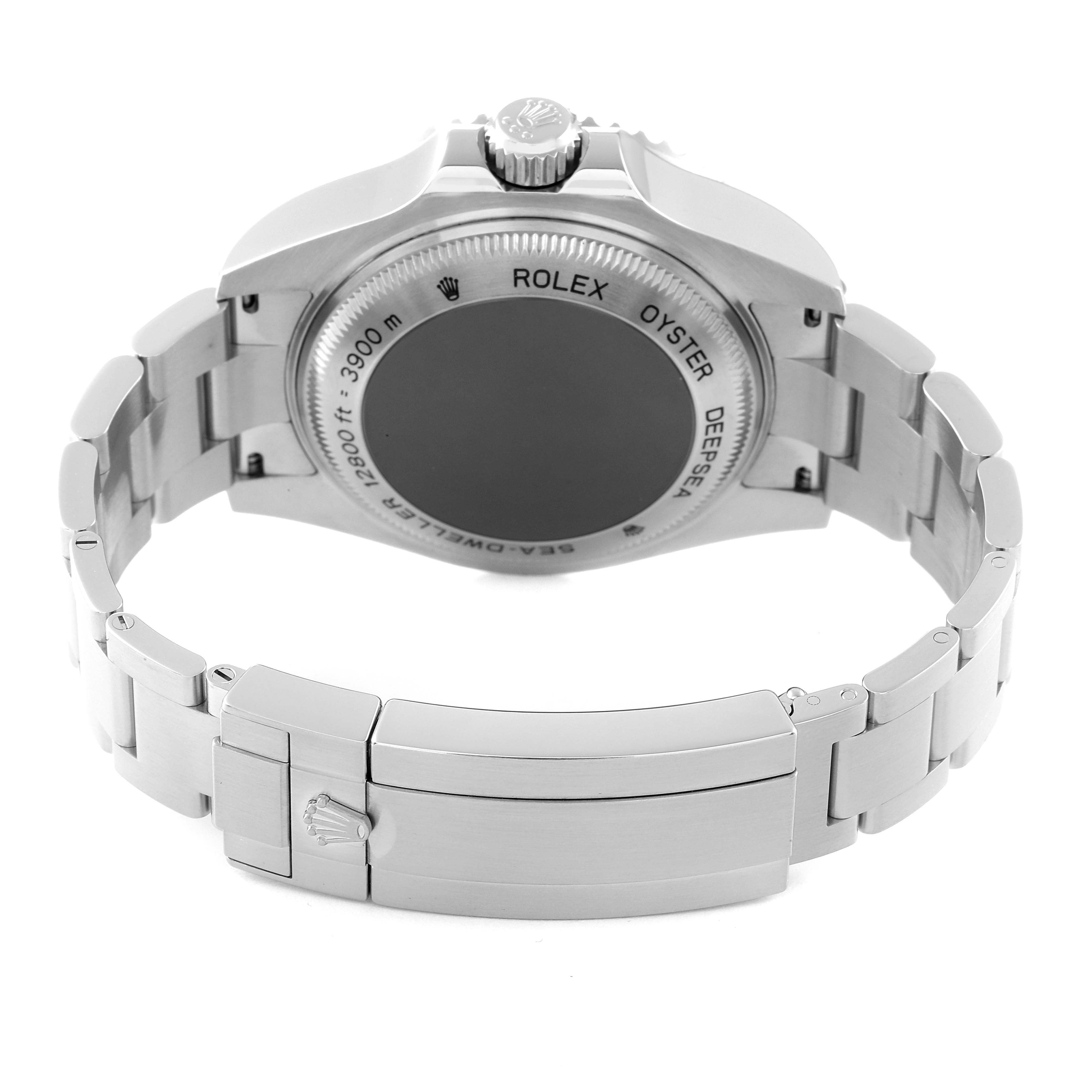 The image shows the back case and clasp of a Rolex Sea-Dweller 116660 Men's Stainless Steel Blue Dial 116660 Men's Stainless Steel Blue Dial watch at an angled view.