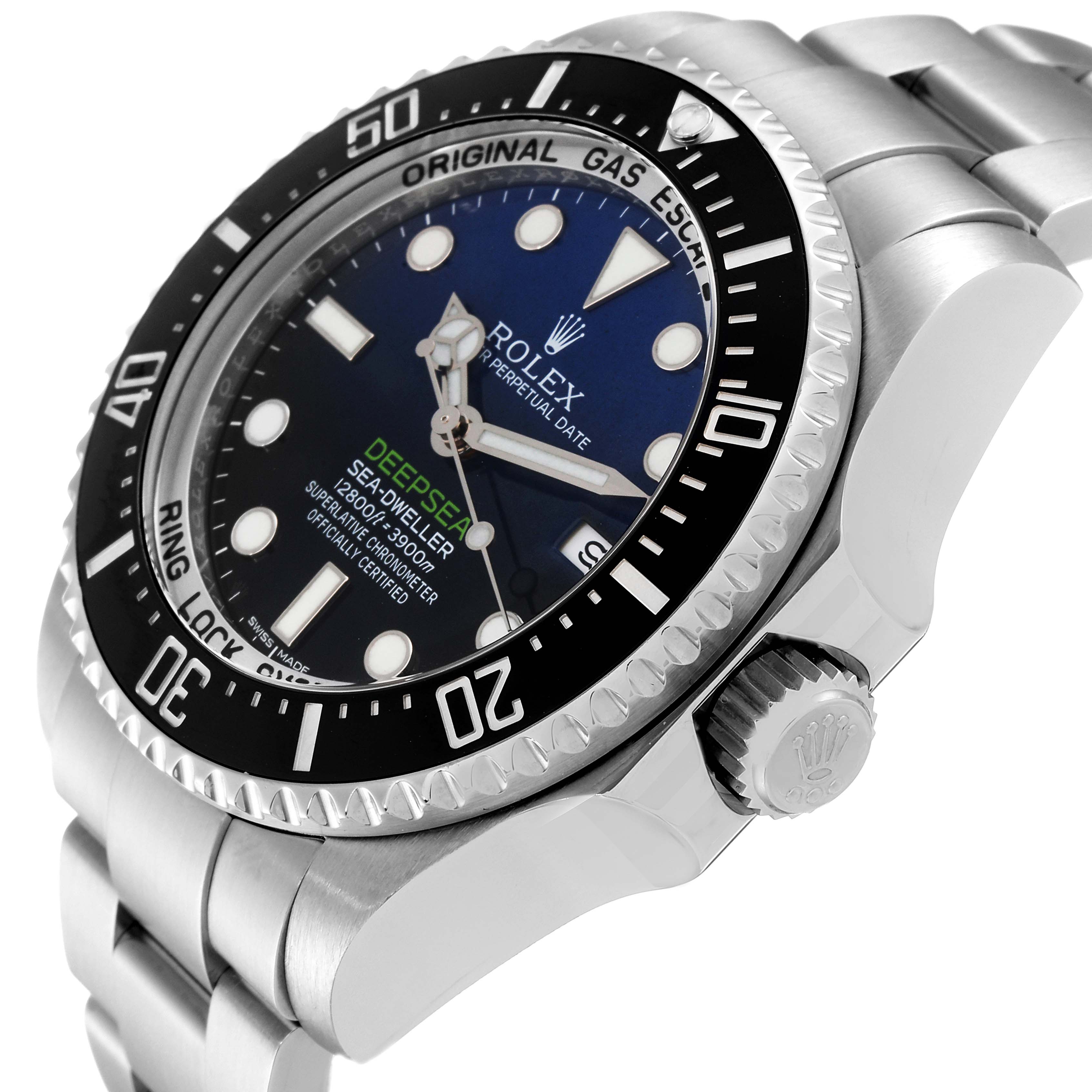 The image shows an angled side view of the Rolex Sea-Dweller 116660 Men's Stainless Steel Blue Dial 116660 Men's Stainless Steel Blue Dial watch, displaying the crown, bezel, and a portion of the bracelet.