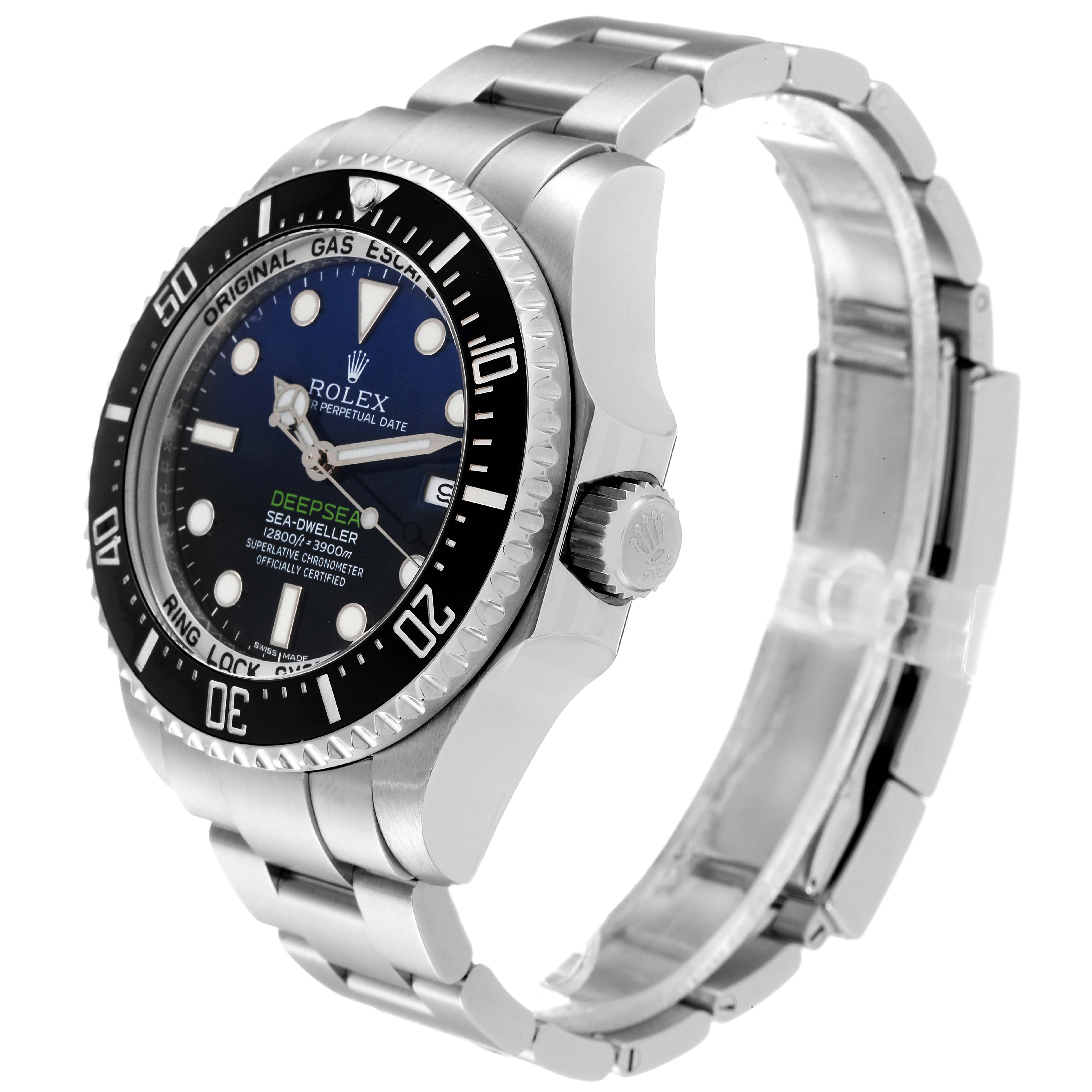 The image shows the side and partial front view of a Rolex Sea-Dweller 116660 Men's Stainless Steel Blue Dial 116660 Men's Stainless Steel Blue Dial watch, highlighting the bracelet, bezel, and crown.