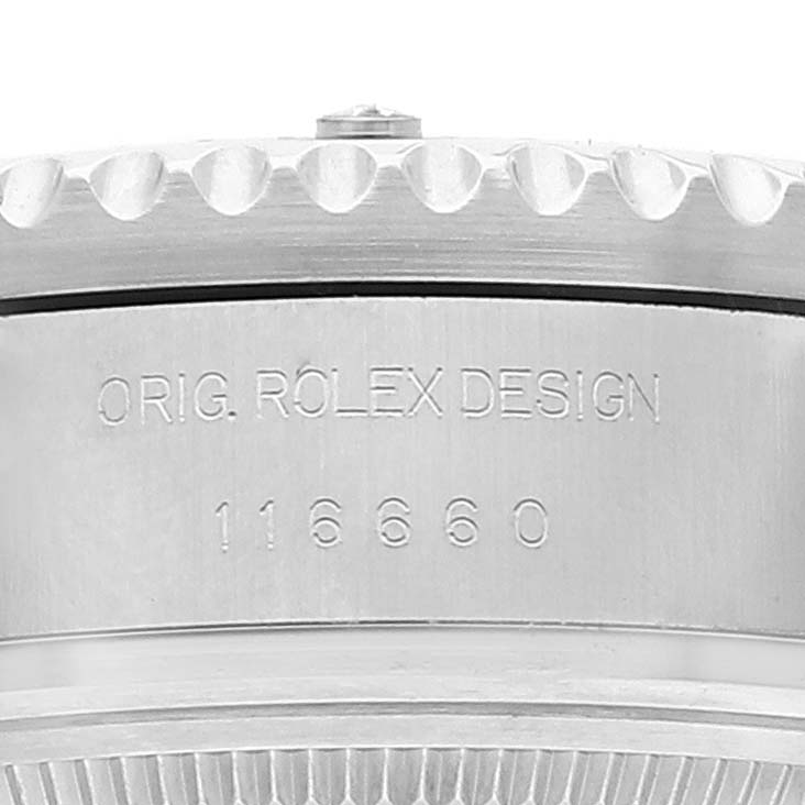 This close-up image shows the side case of a Rolex Sea-Dweller 116660 Men's Stainless Steel Blue Dial 116660 Men's Stainless Steel Blue Dial watch with its model number 116660 engraved.