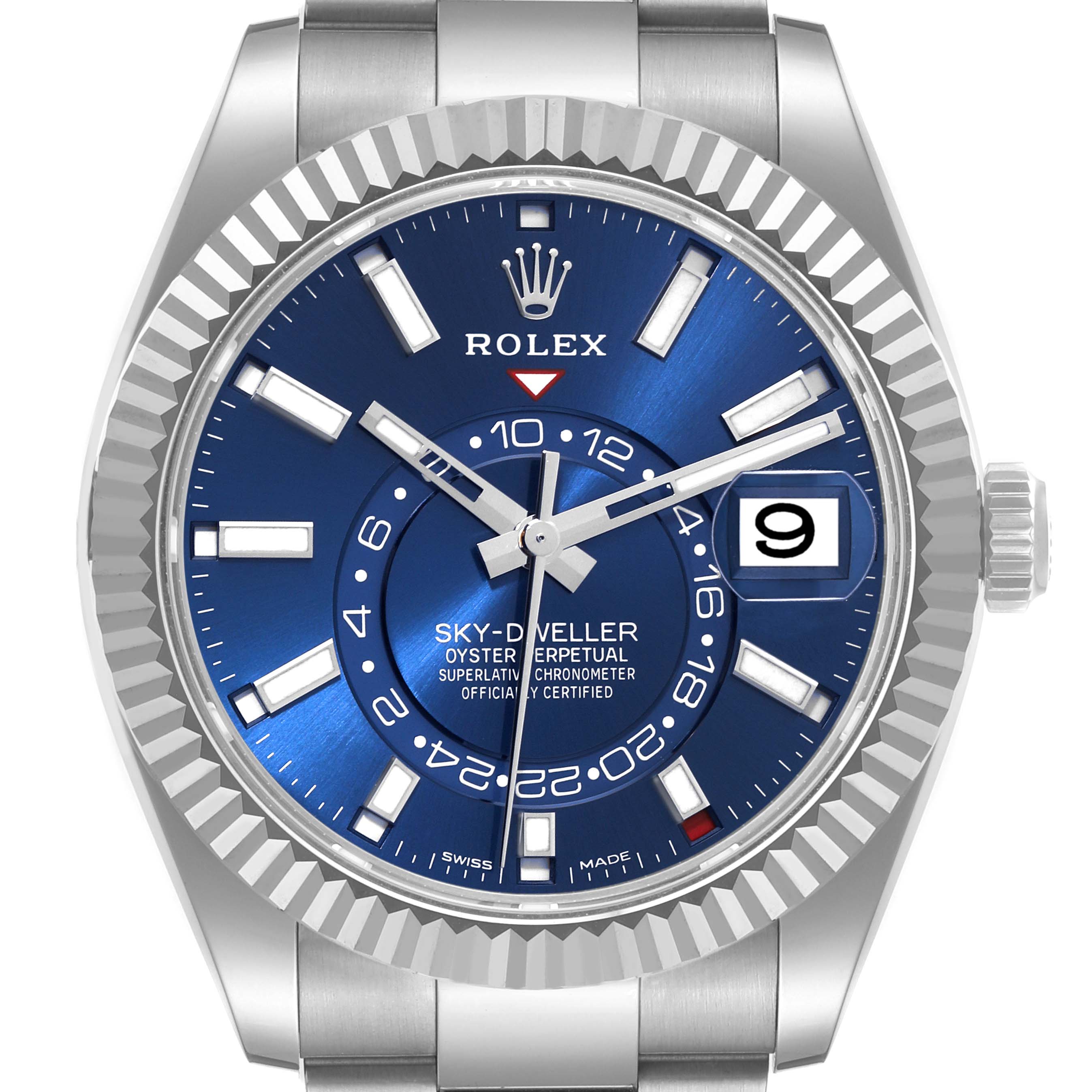 The image shows a Rolex Sky-Dweller 326934 Men's Stainless Steel Blue Dial 326934 Men's Stainless Steel Blue Dial watch face, viewed from the front, highlighting the blue dial, bezel, and crown.