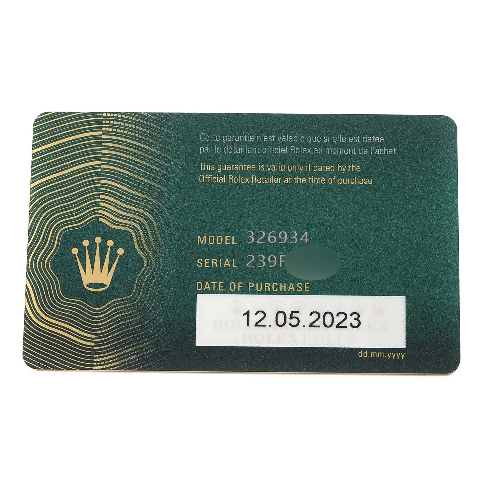 This image shows the warranty card for the Rolex Sky-Dweller 326934 Men's Stainless Steel Blue Dial 326934 Men's Stainless Steel Blue Dial model, displaying the model number, serial number, and purchase date.