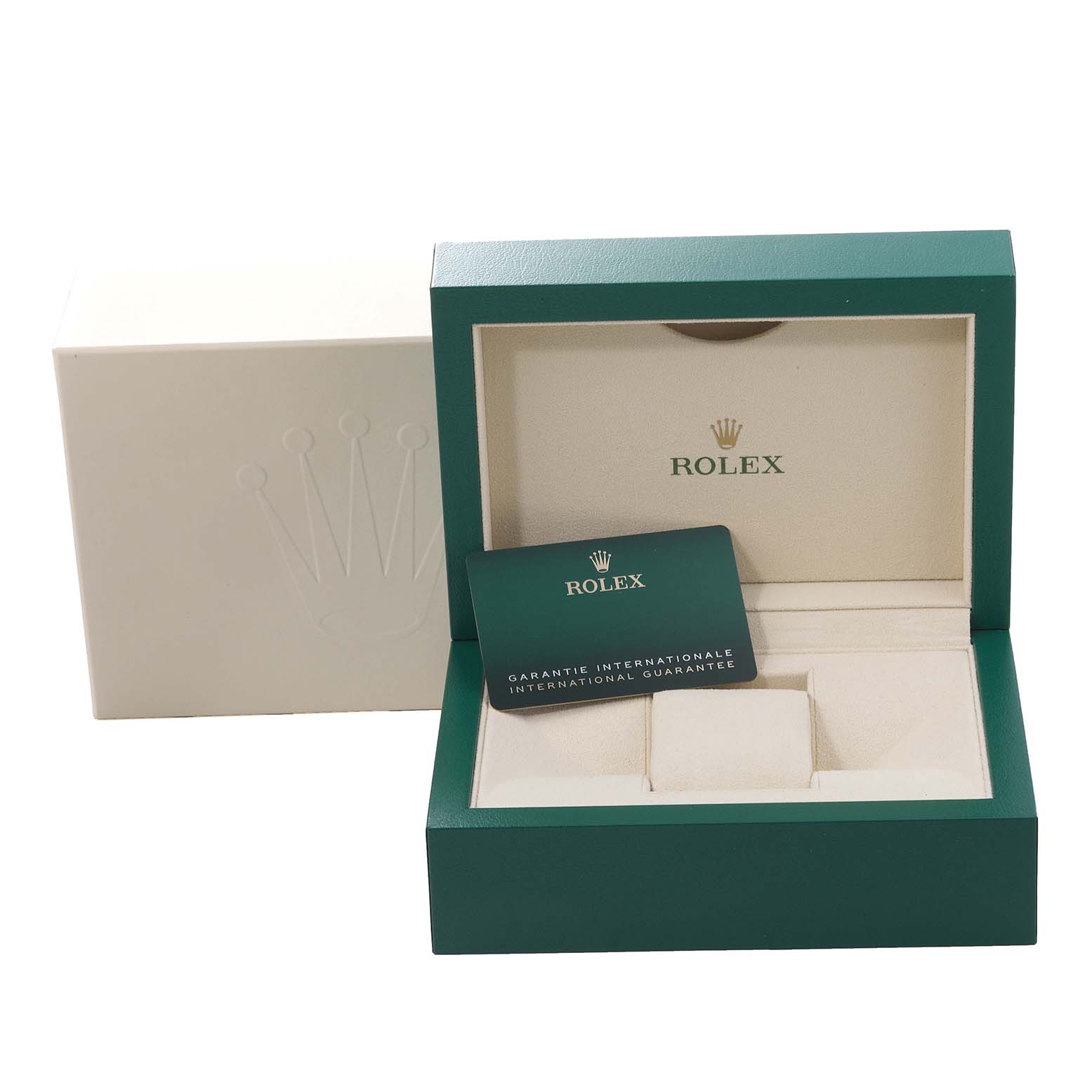 The image shows the open green Rolex Sky-Dweller 326934 Men's Stainless Steel Blue Dial 326934 Men's Stainless Steel Blue Dial watch box, with an international guarantee card placed inside.
